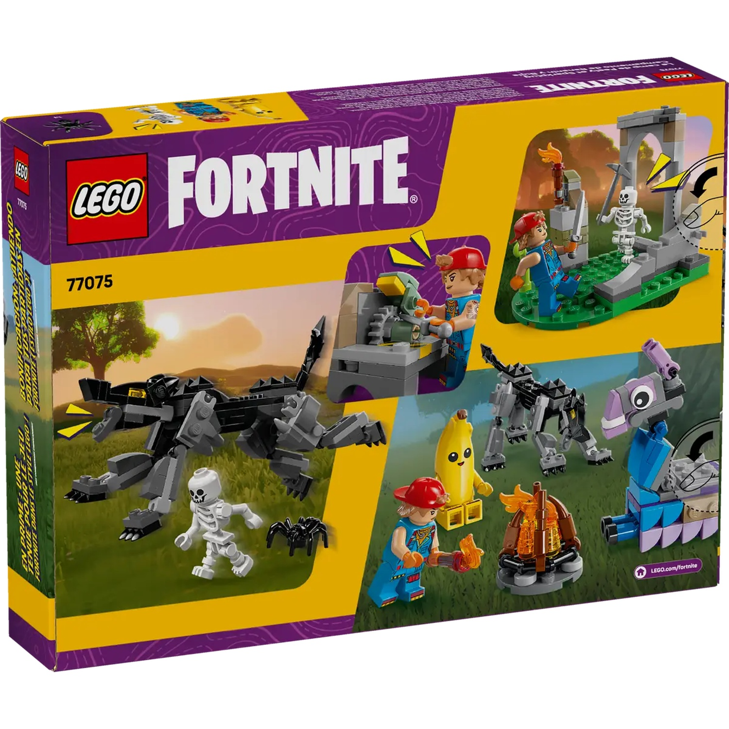 Lego Fortnite doos met personages, dieren en structuren. Bevat een zwarte draak, skelet, spin en een banaan.