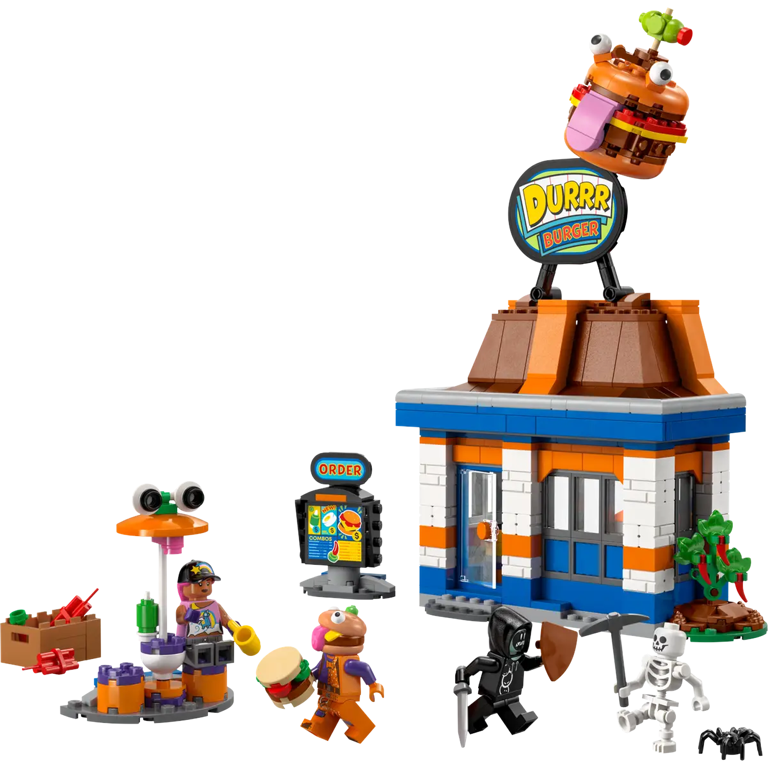 Ensemble Lego : Restaurant Durrr Burger avec figurines et accessoires. Comprend un panneau burger, restaurant et personnages.