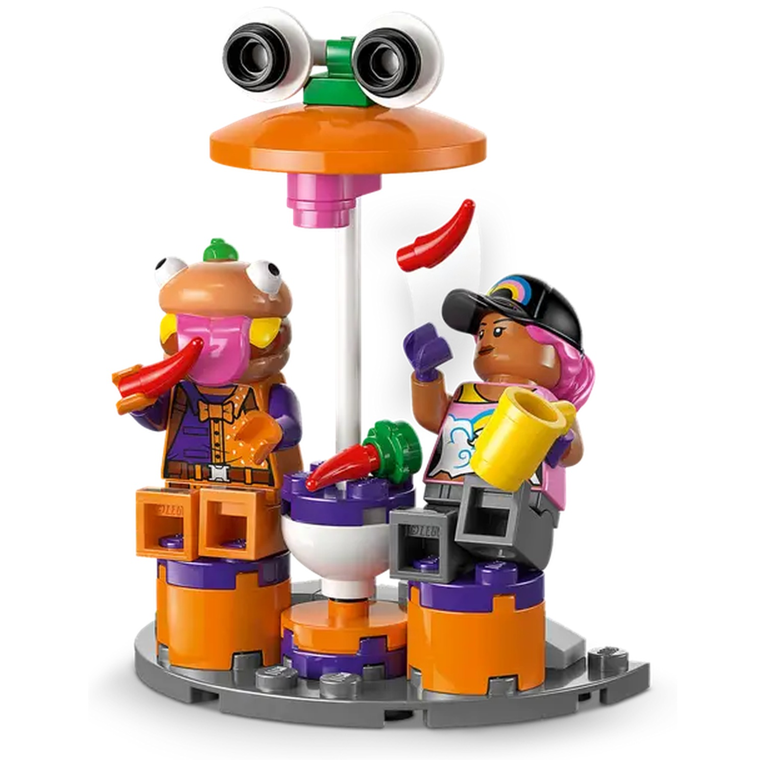 Des figurines Lego d'un burger et d'une personne aux cheveux roses, casquette noire, tenant une tasse jaune, debout sur des plateformes orange et violettes.