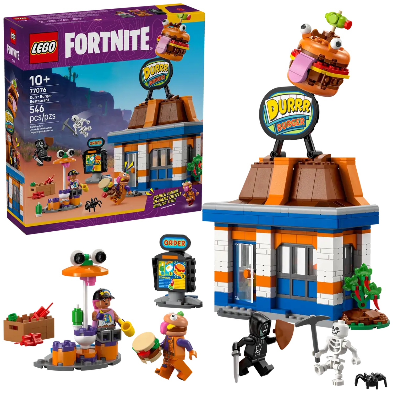Ensemble Lego Fortnite Durrr Burger. Comprend restaurant, personnages, accessoires et un panneau en forme de burger.