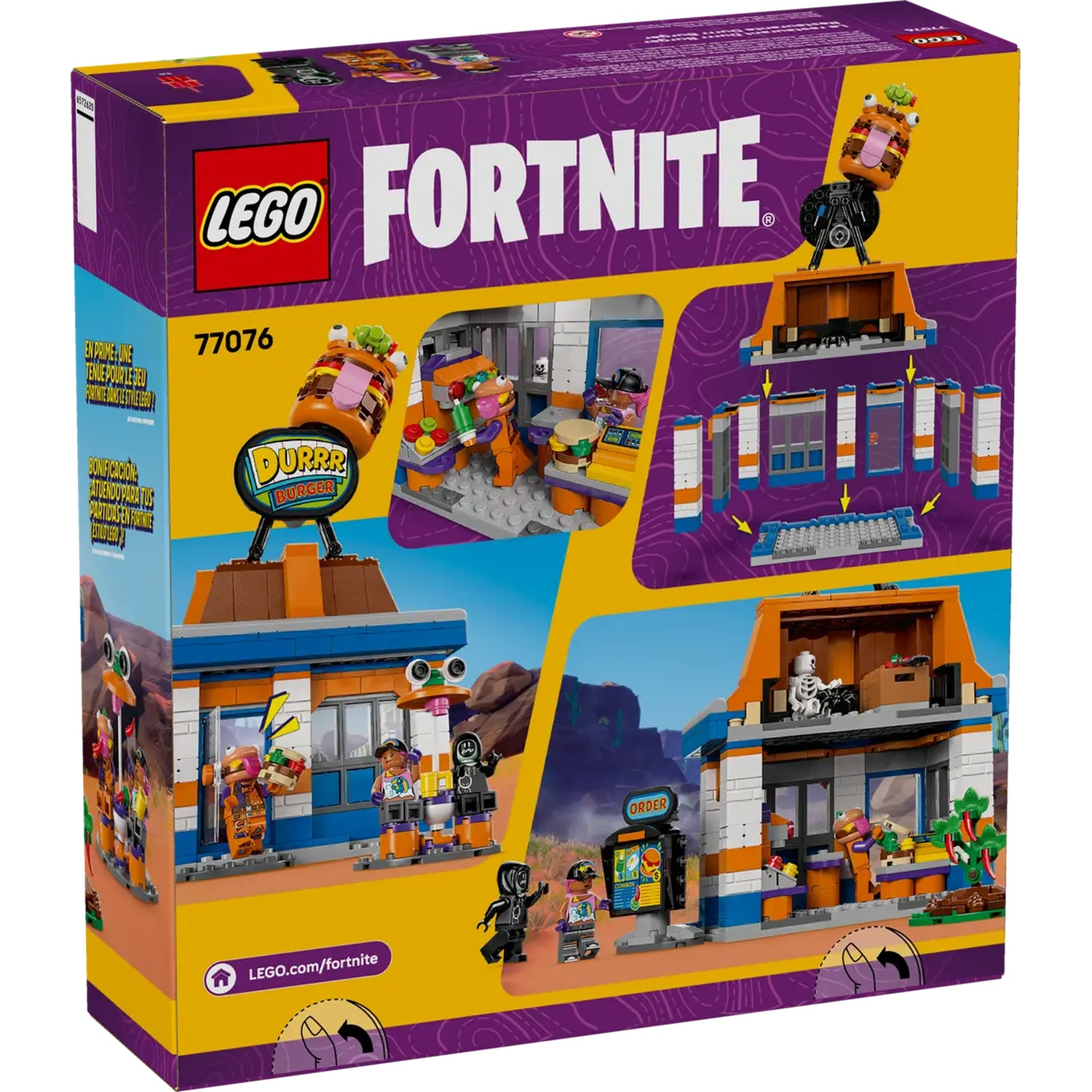 Boîte du set Lego Fortnite. Montre un restaurant de burgers avec des figurines et des instructions. Fond violet et logo.