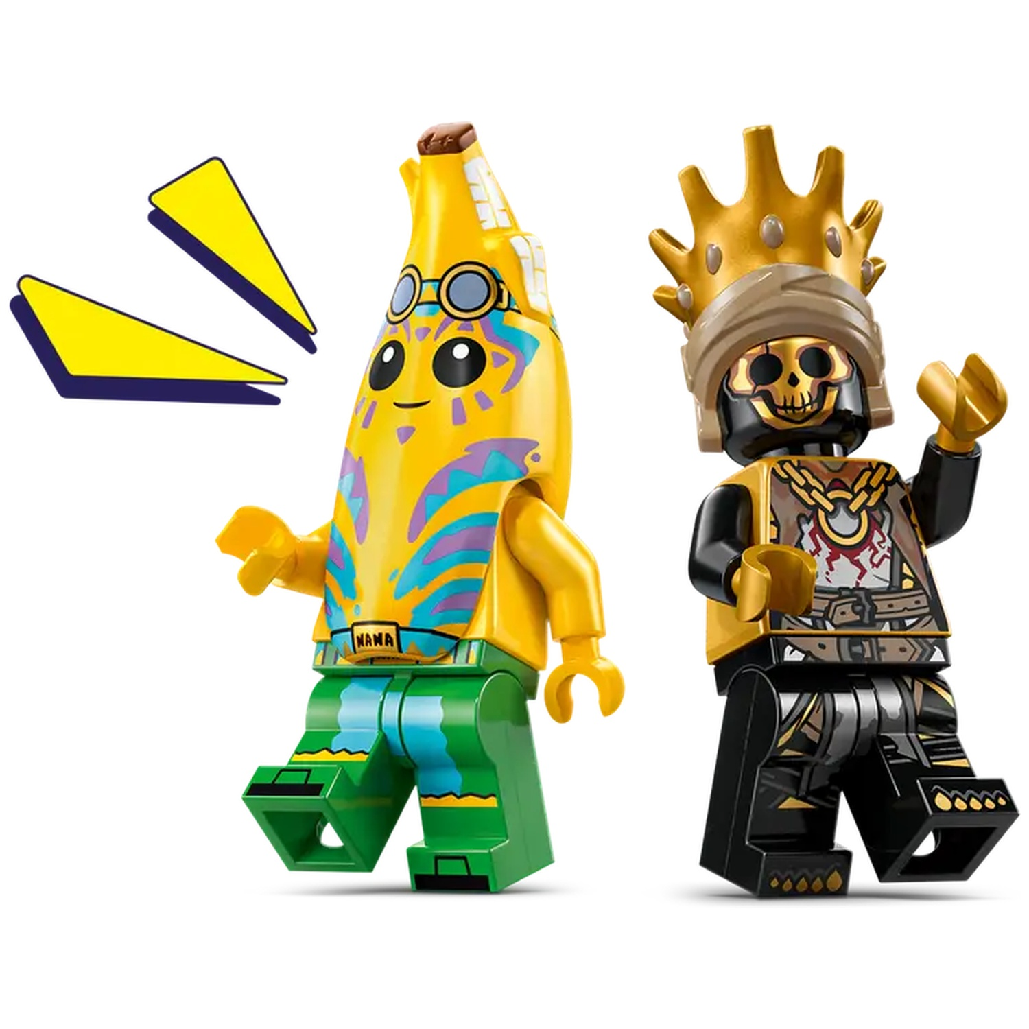 Twee Lego-figuren: een personage met bananenthema en een skeletkoning. De banaan heeft een bril. De koning draagt een gouden kroon.