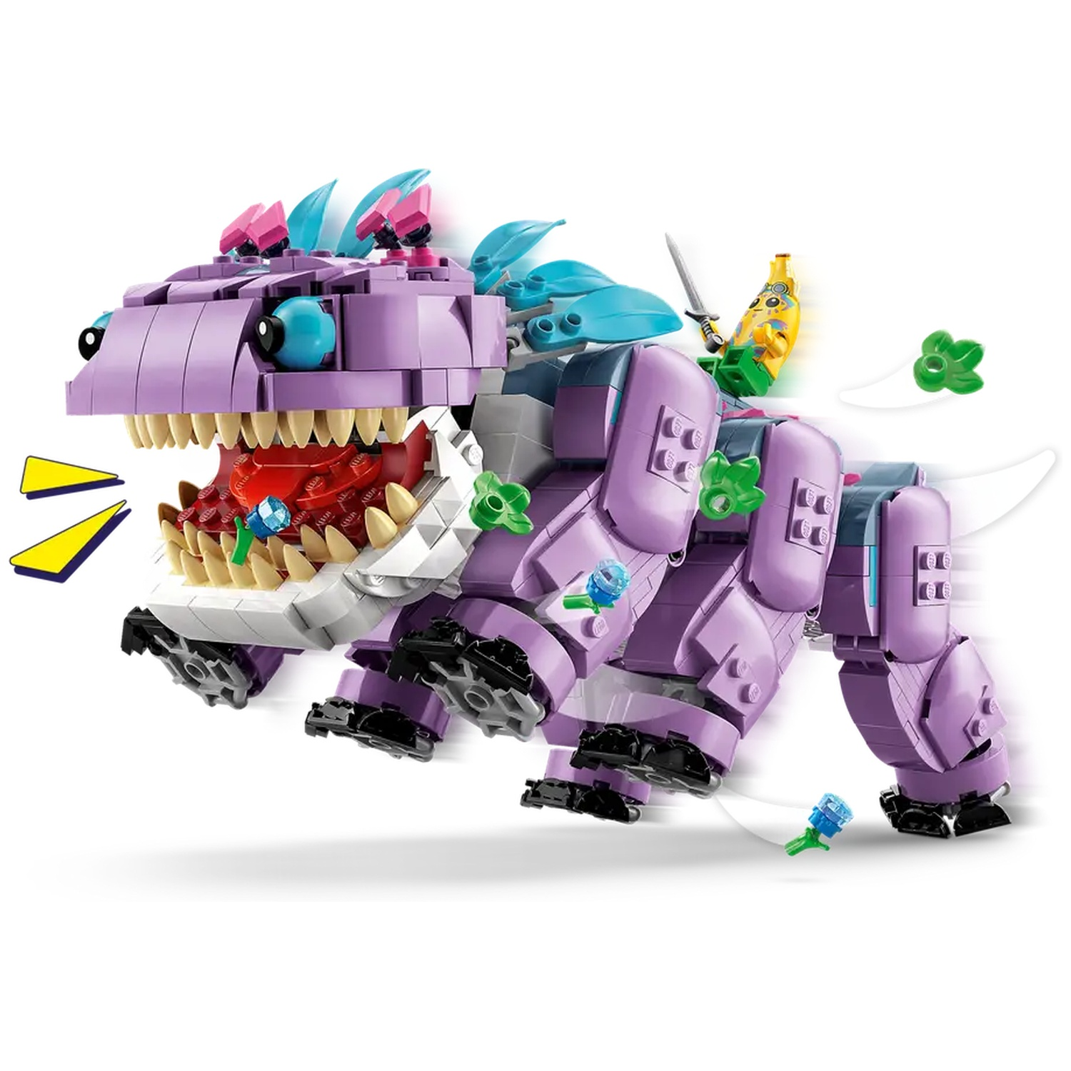 Een Lego dinosaurus robot met paarse en blauwe kleuren, en een banaan minifiguur met een zwaard op zijn rug.