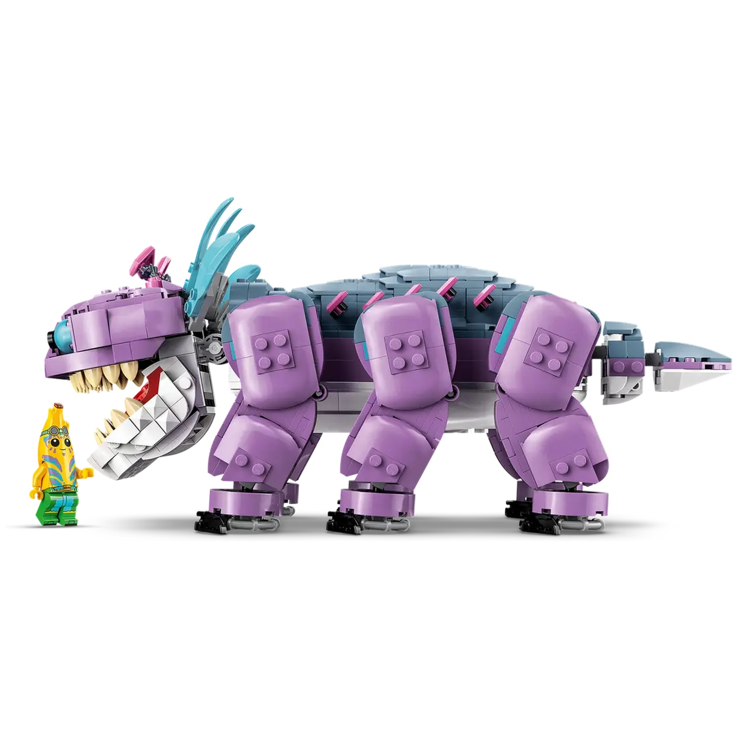 Een Lego-dinosaurusachtig wezen met paarse poten en een banaanvormig Lego-figuur. De dinosaurus heeft een grote bek en blauwe stekels.