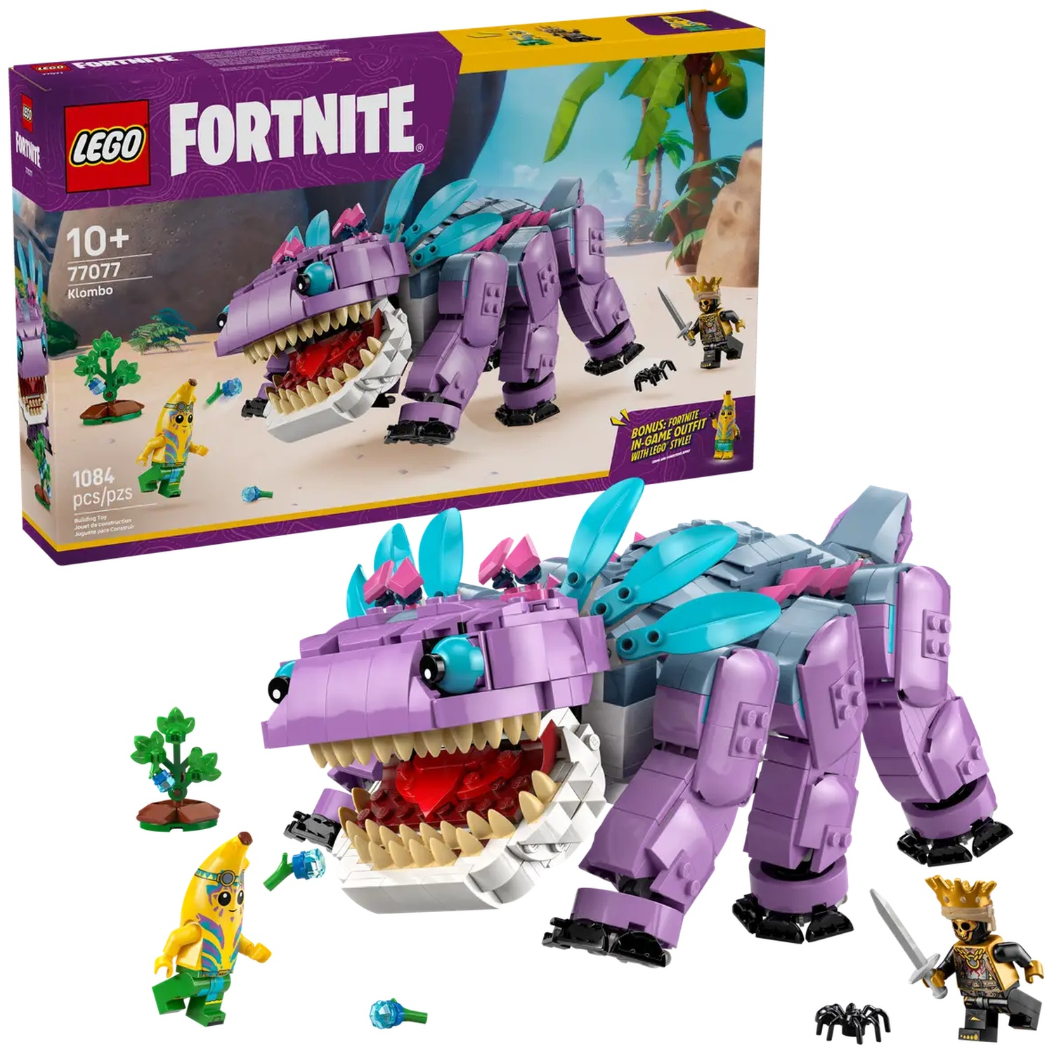 Lego Fortnite set. Paarse Klombo met banaan- en soldatenfiguren, een boom en een doos op de achtergrond.