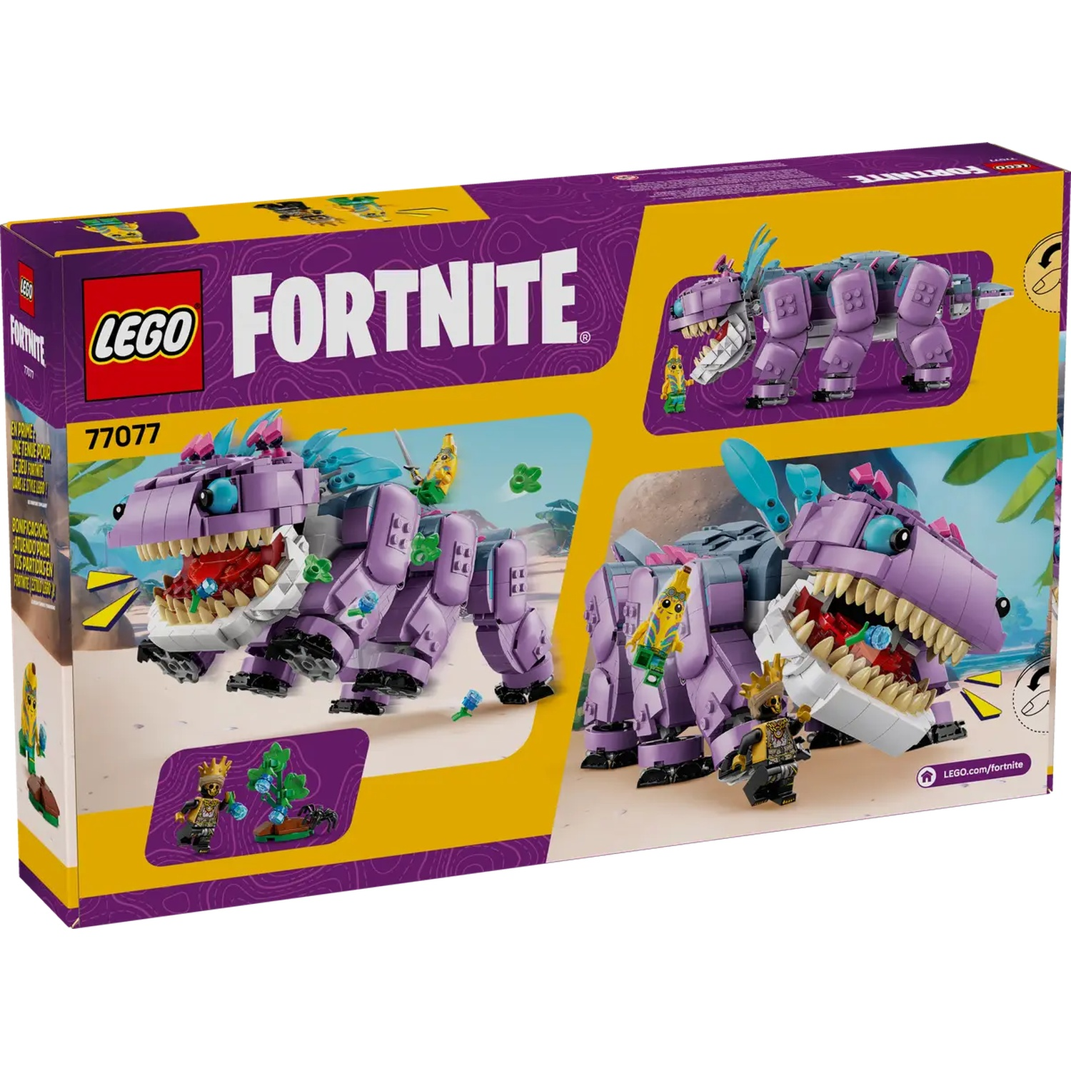 Lego Fortnite doos. Paarse dinosaurus Lego set met minifiguren. Gele en paarse doos met Lego en Fortnite logo's.