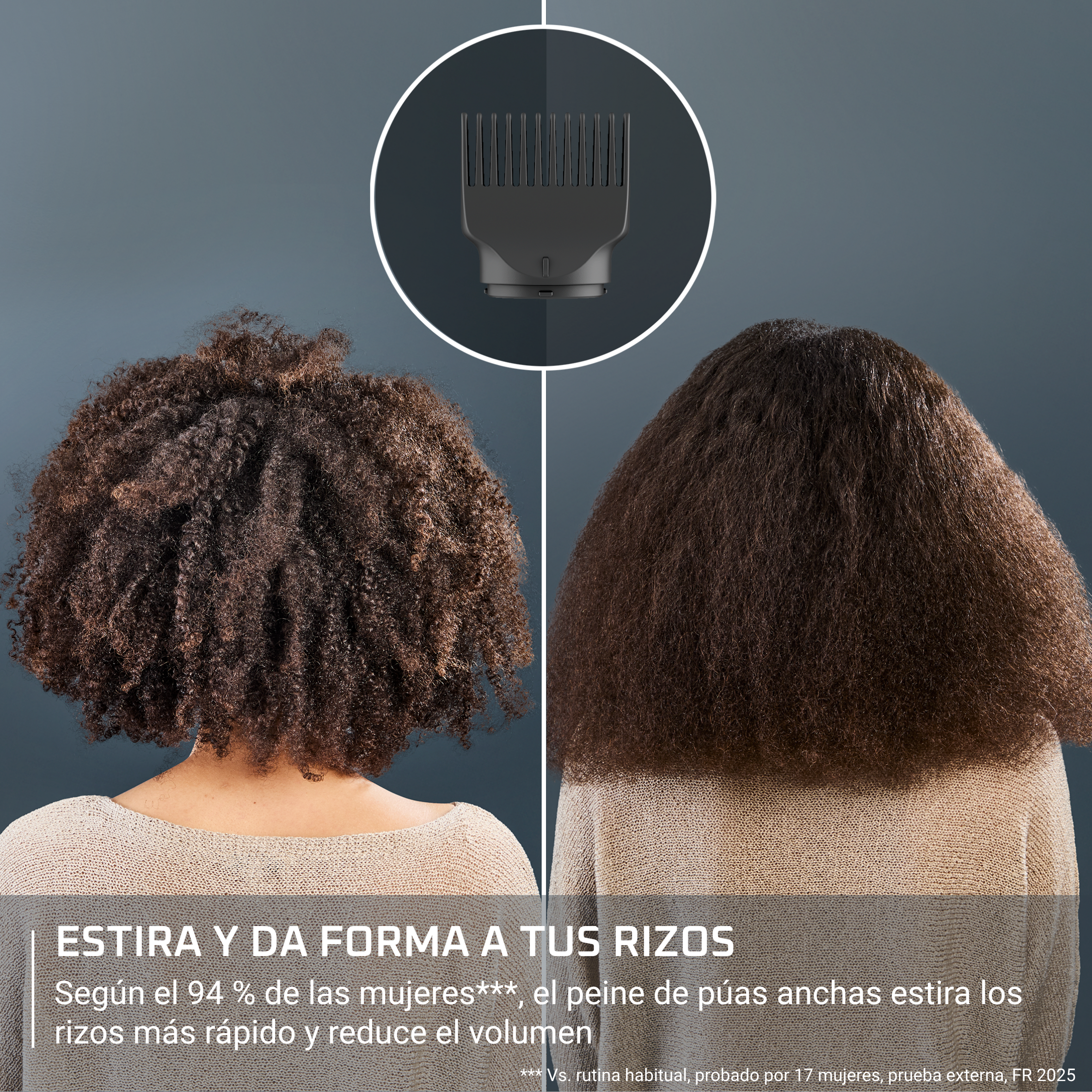 La imagen muestra cabello rizado antes y después del peinado con un peine. El peine se muestra encima del cabello, en un círculo.