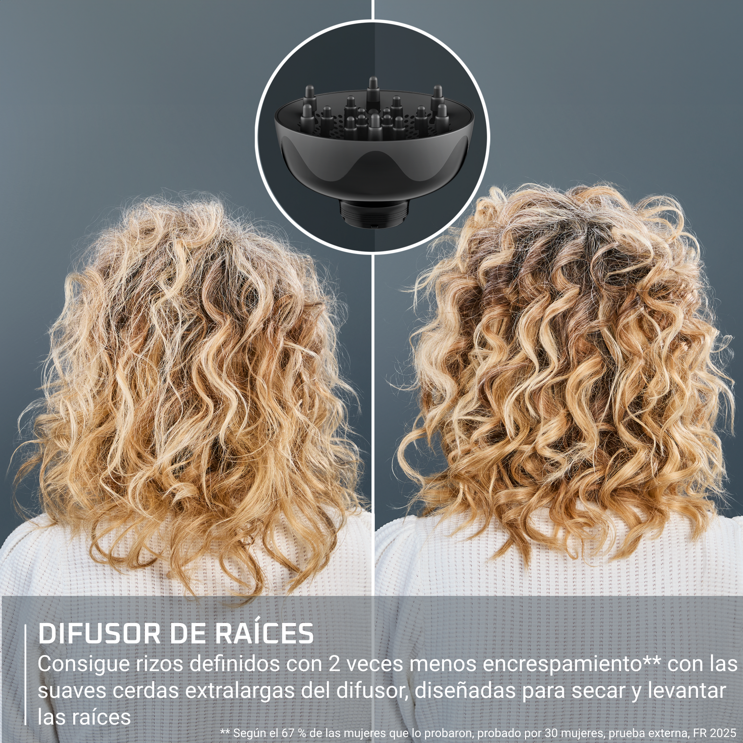 La imagen muestra cabello rizado antes y después de usar un difusor. Un difusor negro está en la parte superior. El texto en español está abajo.