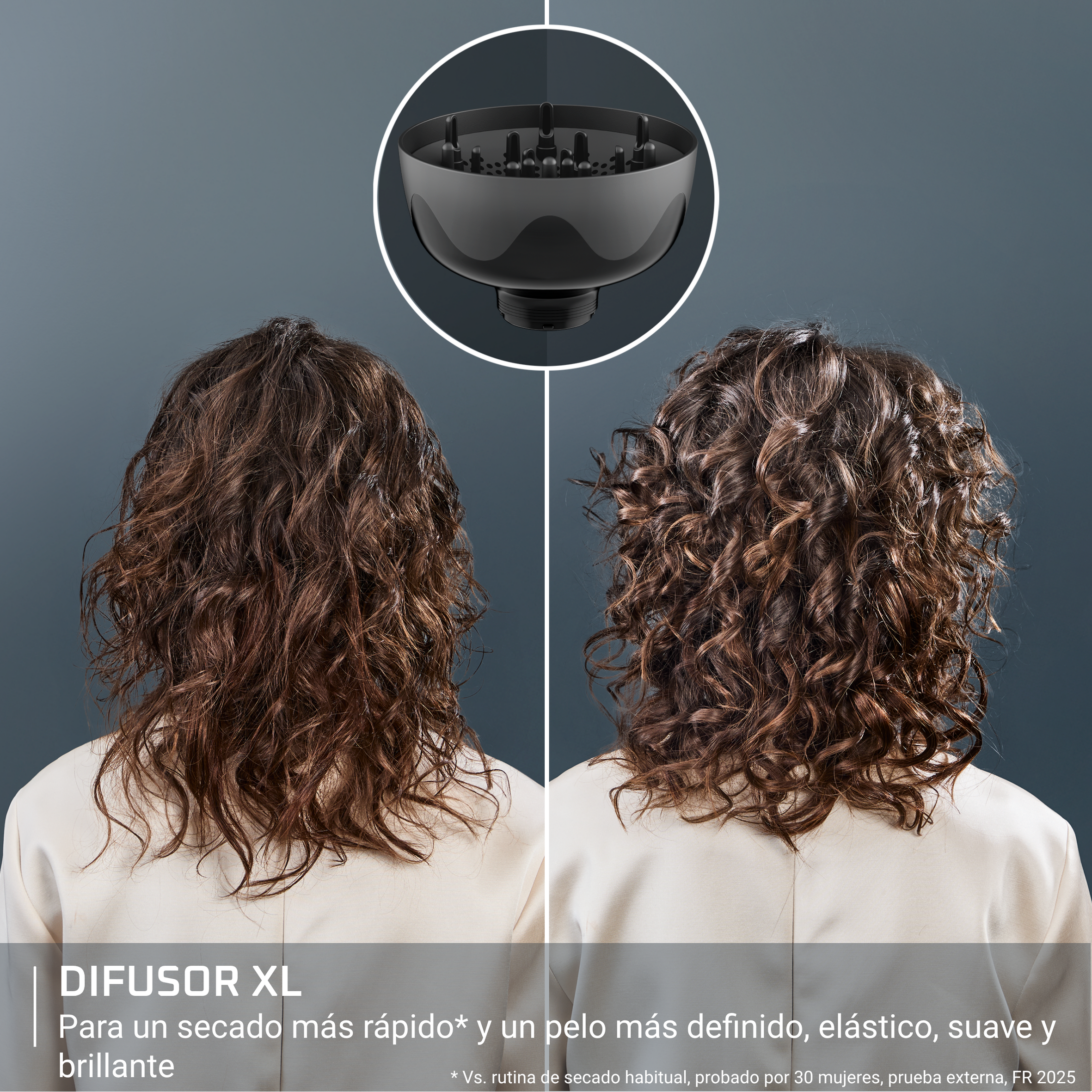 Imagen muestra un difusor de secador de pelo y dos mujeres con cabello rizado, uno antes y después. El texto dice 'DIFUSOR XL'.