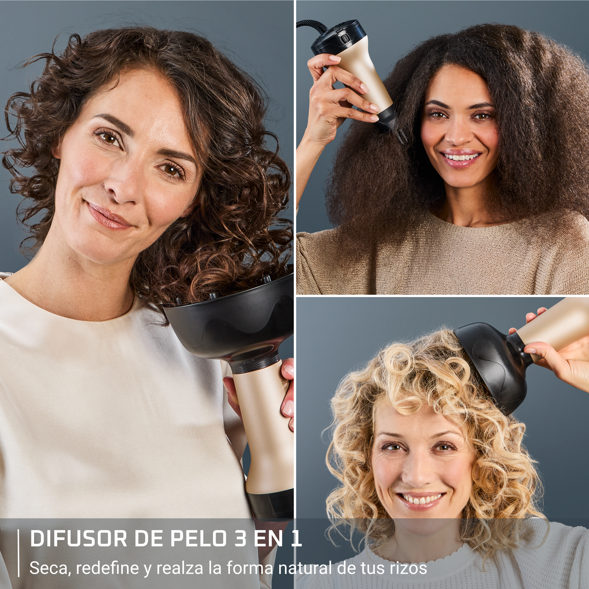 Tres mujeres usando un difusor de pelo. Cada mujer tiene el pelo rizado diferente y sonríe. El fondo es gris.