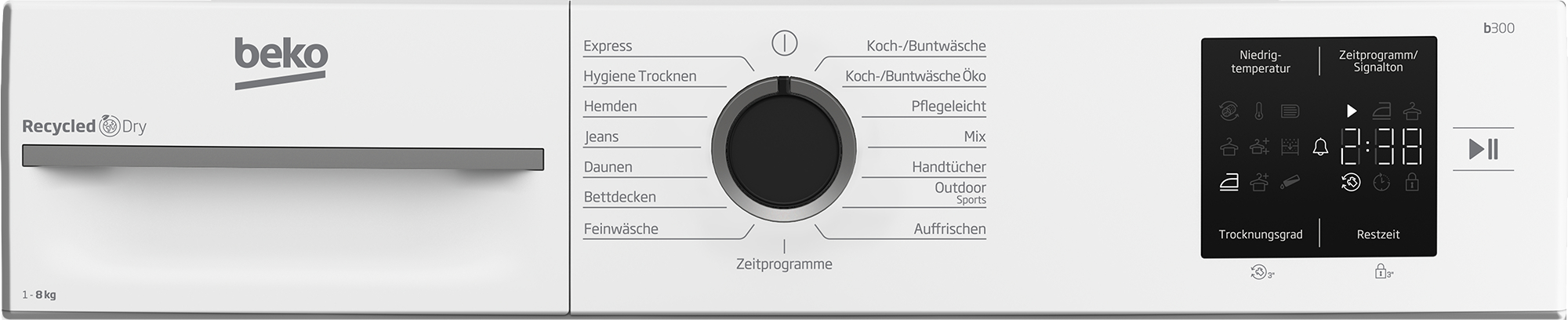 Weißer Beko-Trockner mit Bedienfeld und Programmwähler. Das Panel zeigt Zeit- und Trocknungsoptionen.
