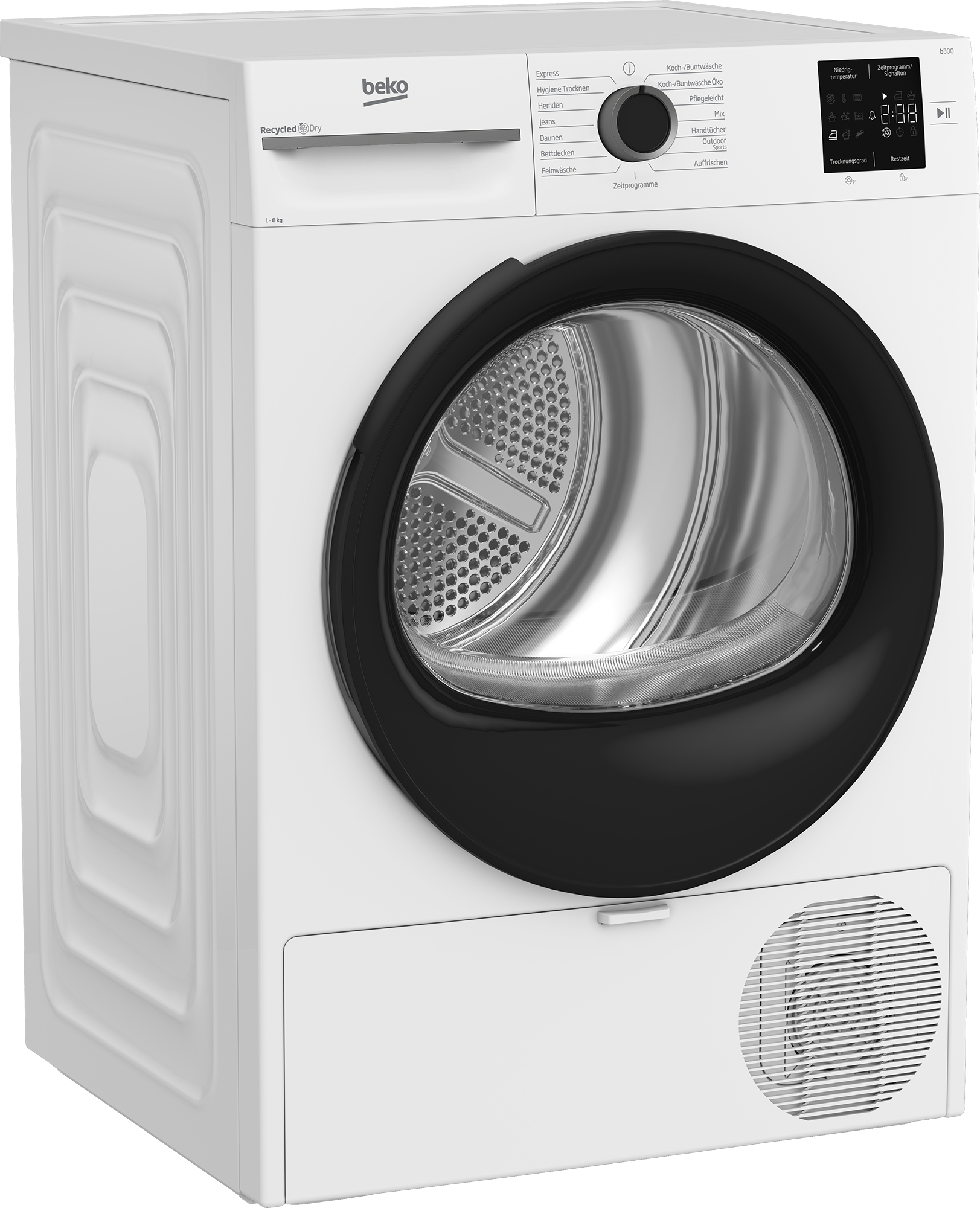 Ein weißer Beko-Trockner mit schwarzer Tür. Er hat ein Bedienfeld oben rechts.