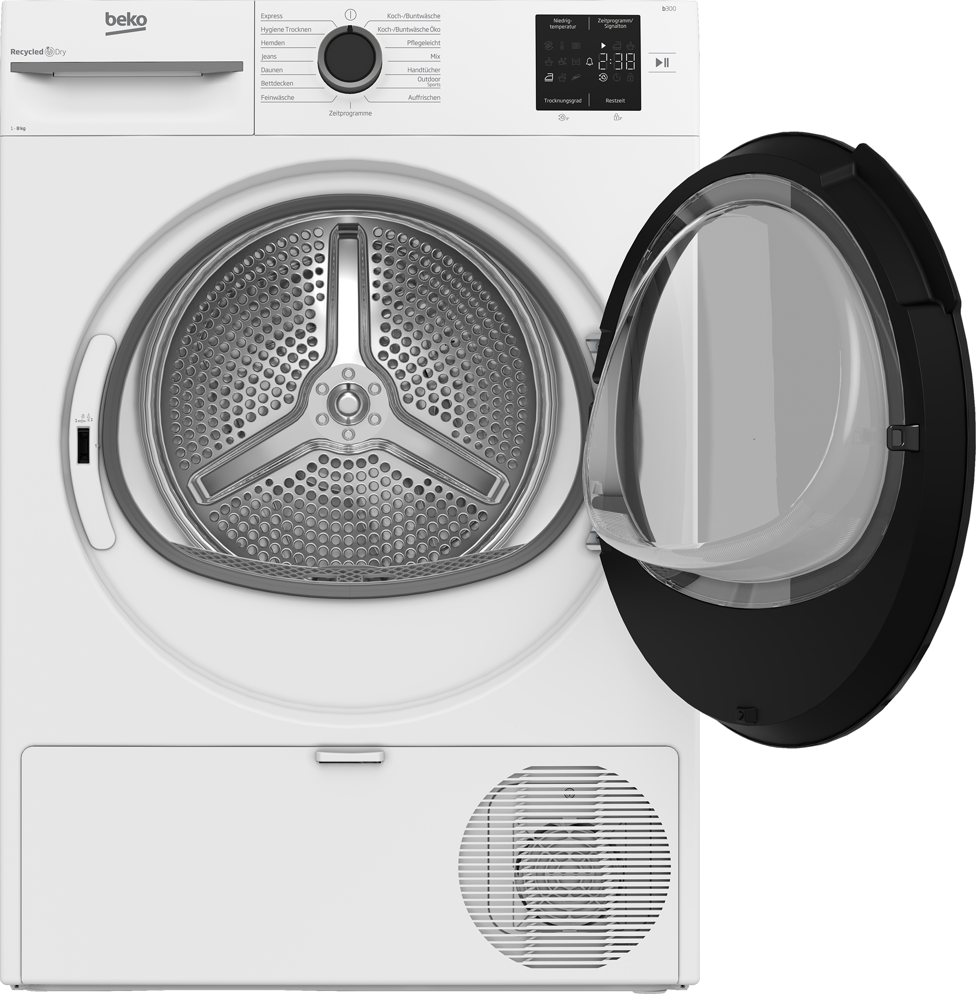 Ein weißer Beko-Trockner mit offener Tür. Der Innenraum ist sichtbar, und das Bedienfeld zeigt Einstellungen und Zeit an.