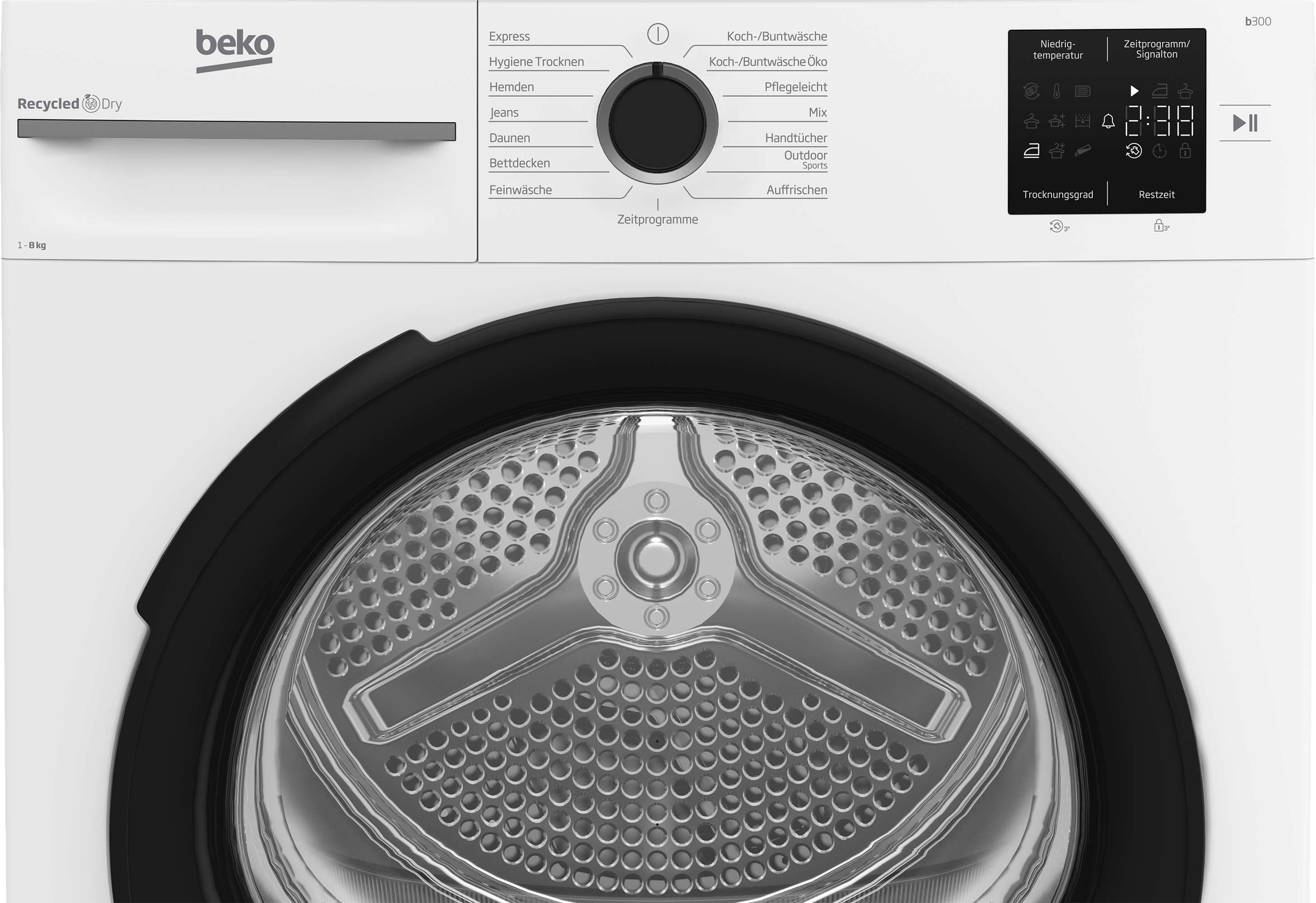 Ein weißer Beko-Trockner mit schwarzer Tür. Er hat ein Bedienfeld und Programmoptionen.