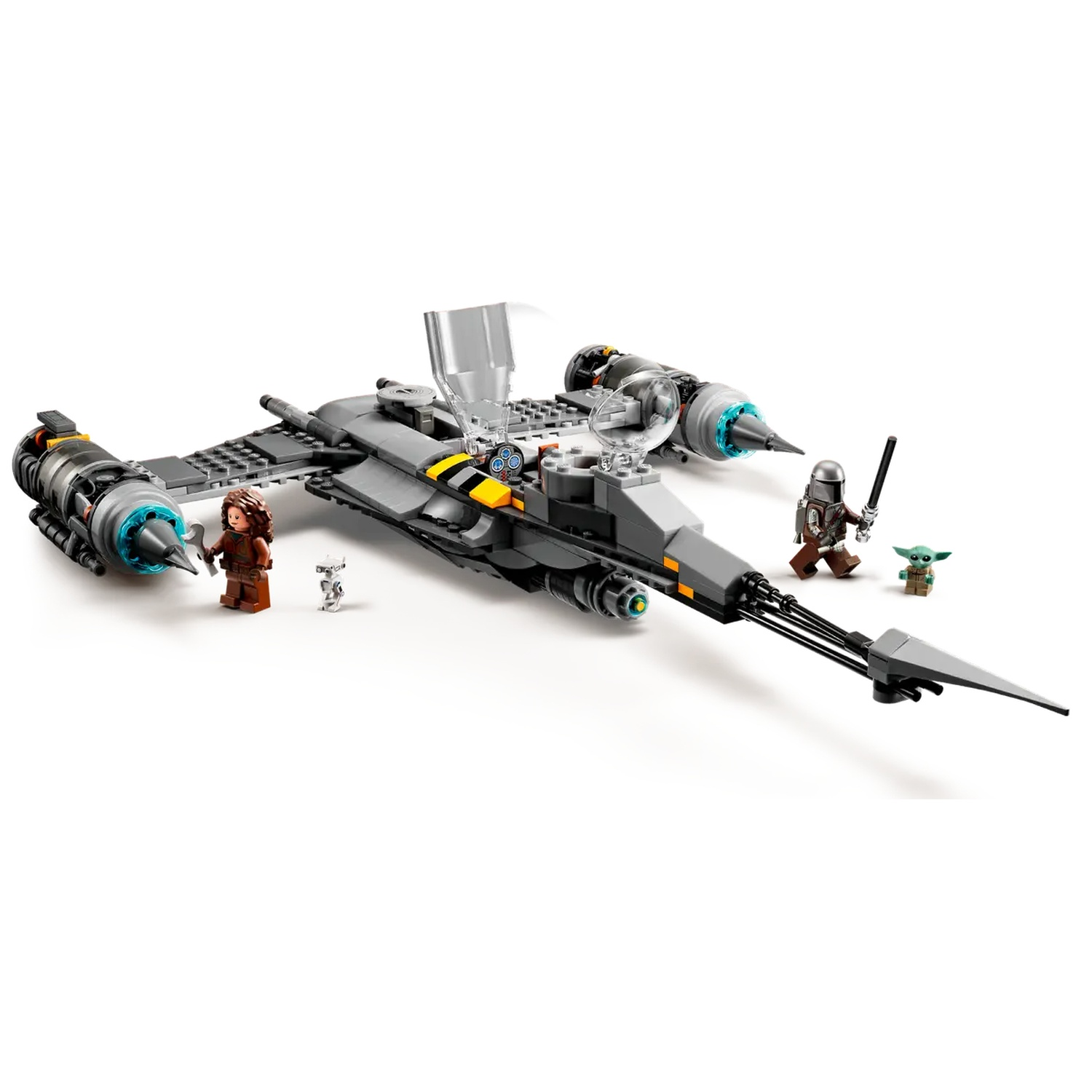 A Lego Star Wars set features a gray ship with yellow accents, figures of The Mandalorian, Grogu, and others on a white surface.