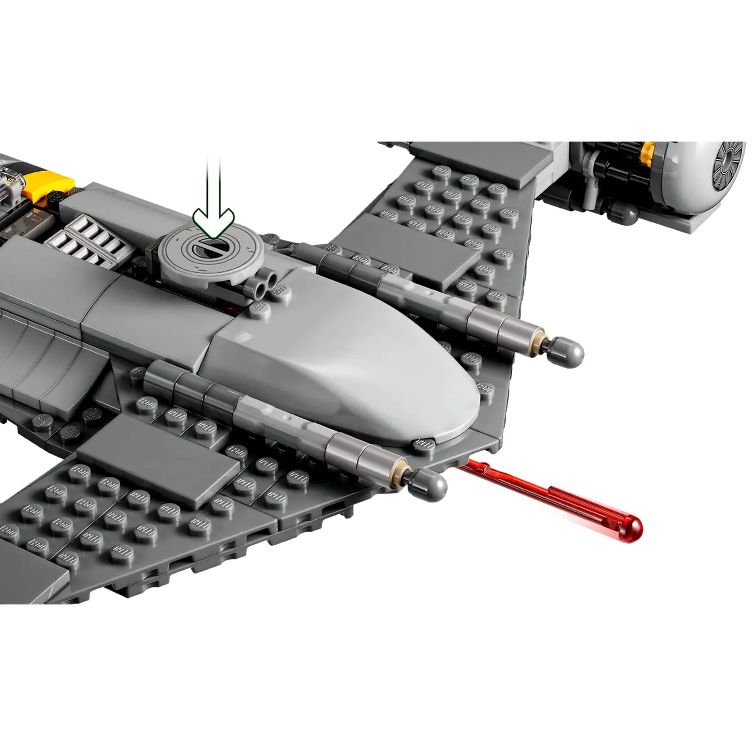 A gray Lego spaceship with a red laser beam extending from its side. Details include wings, engine, and a circular top.