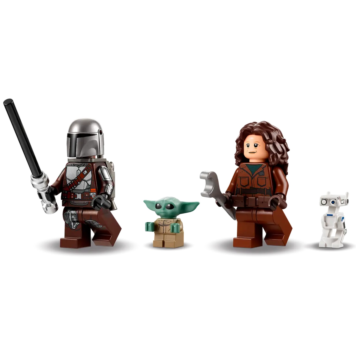 Lego figures: Mandalorian with weapon, Grogu, Cara Dune with tool, and a white droid. All on a white background.