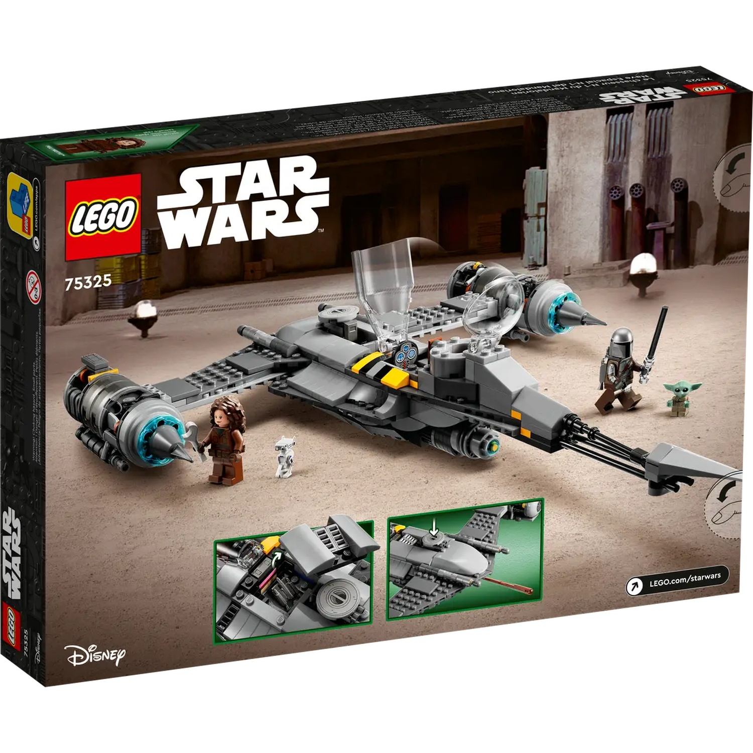 Lego Star Wars set. Shows a gray and yellow ship, Mandalorian, Grogu, and other figures. Background is a desert-like setting.