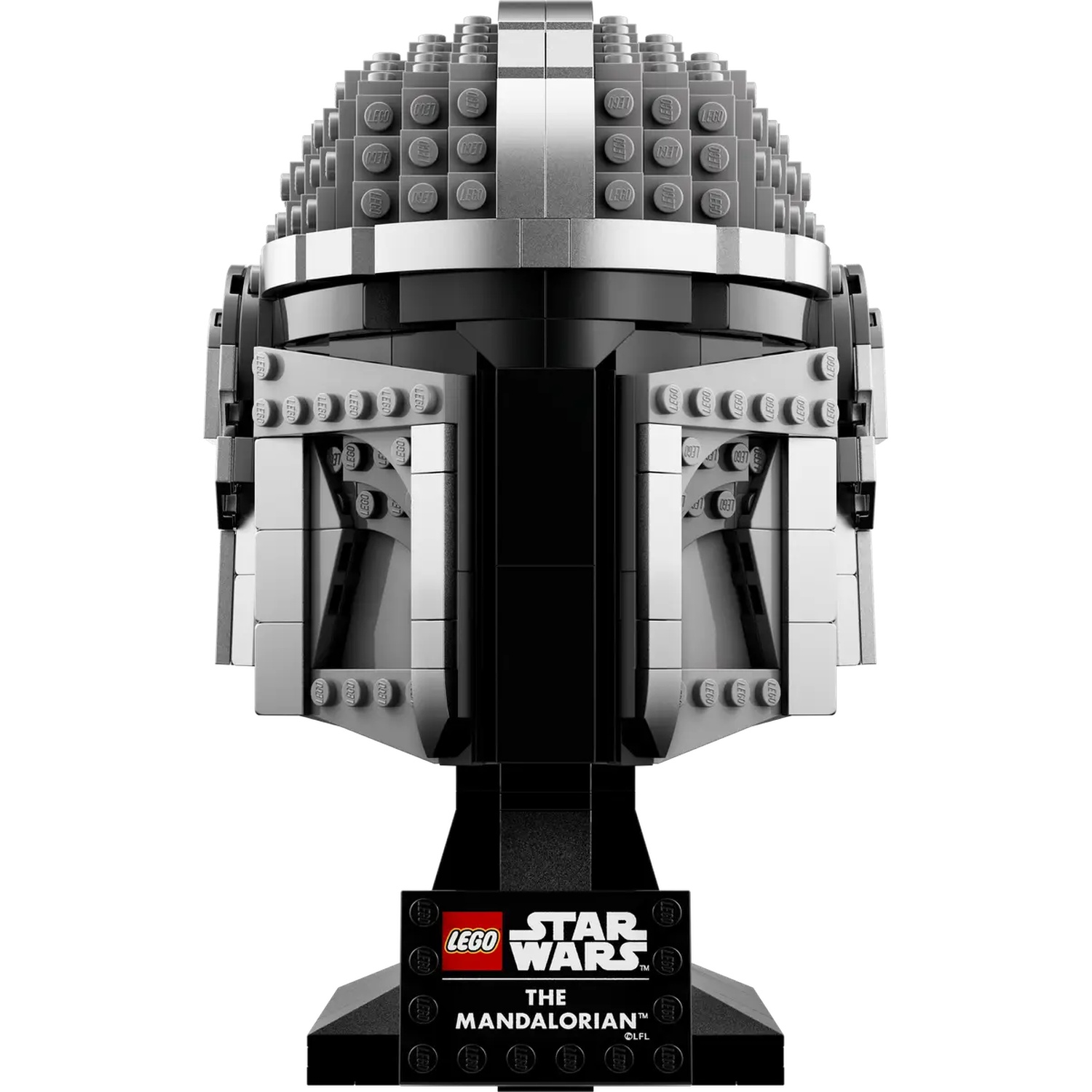 Een Lego Mandalorian-helm. Het is zwart en zilver, met het Star Wars-logo op de basis.