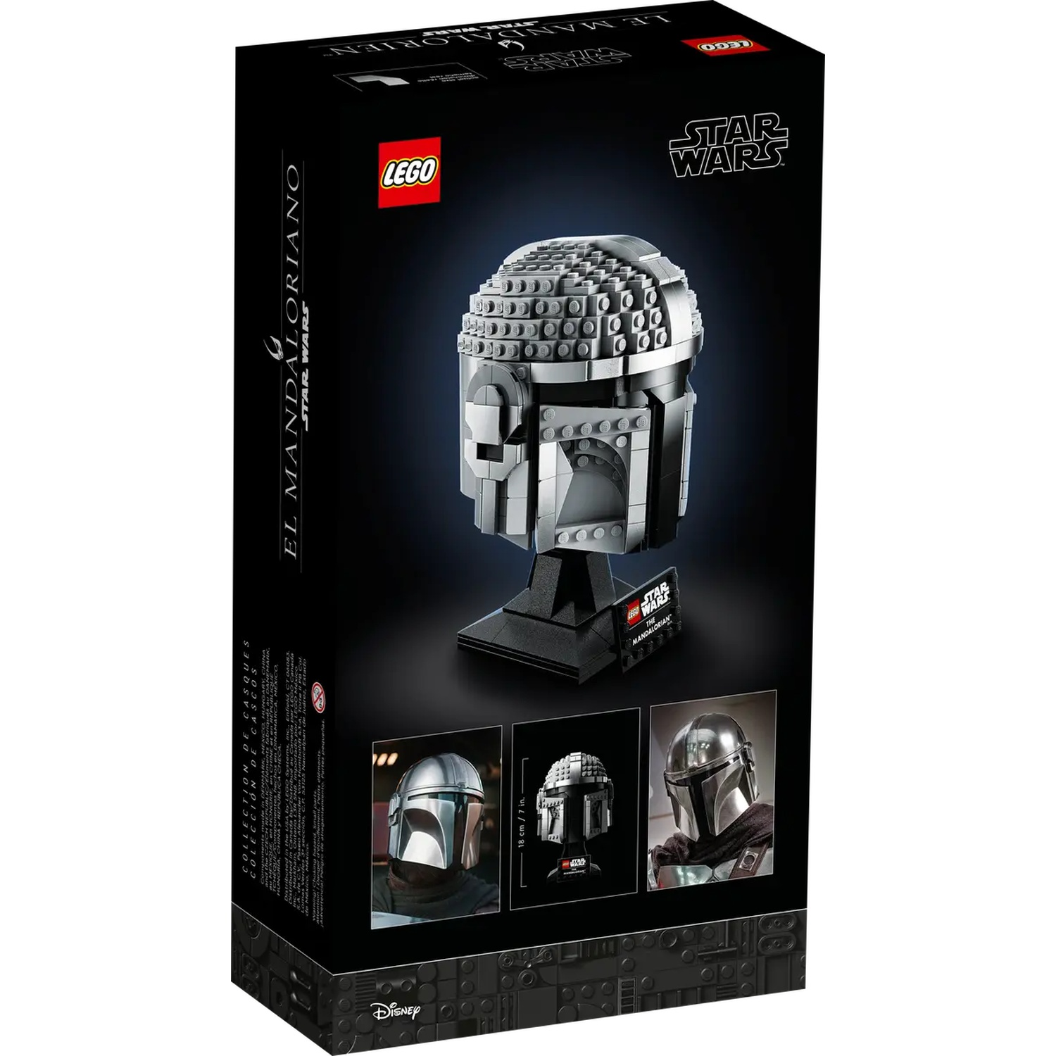 Een LEGO Star Wars setdoos. Het bevat een Mandalorian helm gebouwd met LEGO-stenen, en afbeeldingen van de helm en het personage.