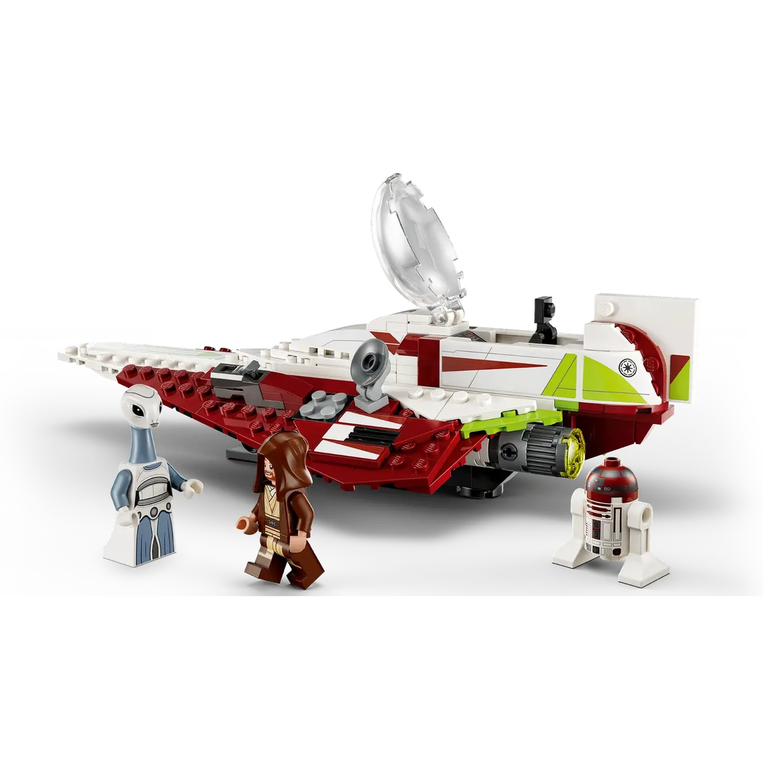 Een Lego Starfighter set met figuren. Het schip is rood, wit en groen. Drie minifiguren en een droid zijn aanwezig.