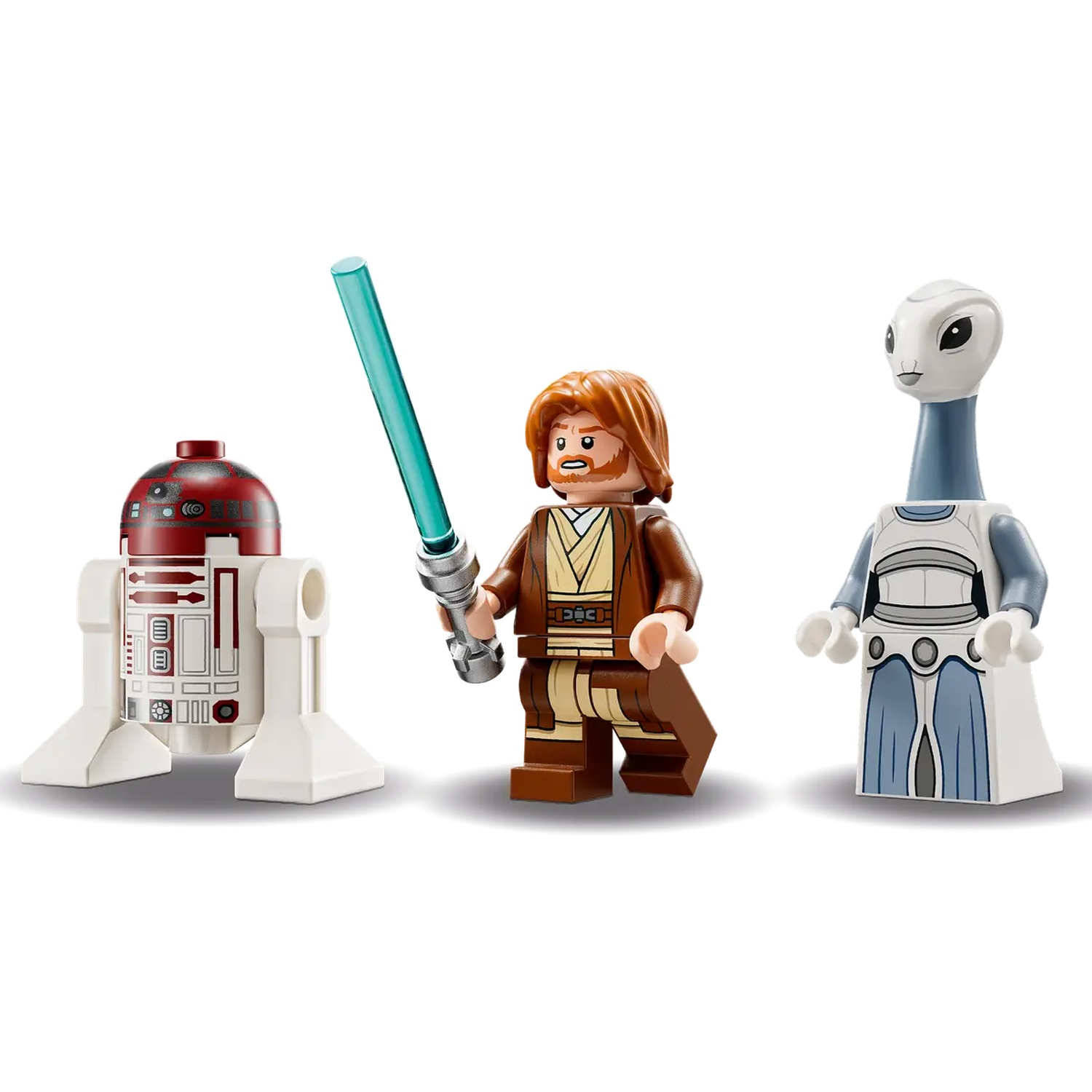 Lego Star Wars figuren: R2-D2, Obi-Wan Kenobi met lichtzwaard en een blauwhuidige alien. Alle figuren op een witte achtergrond.