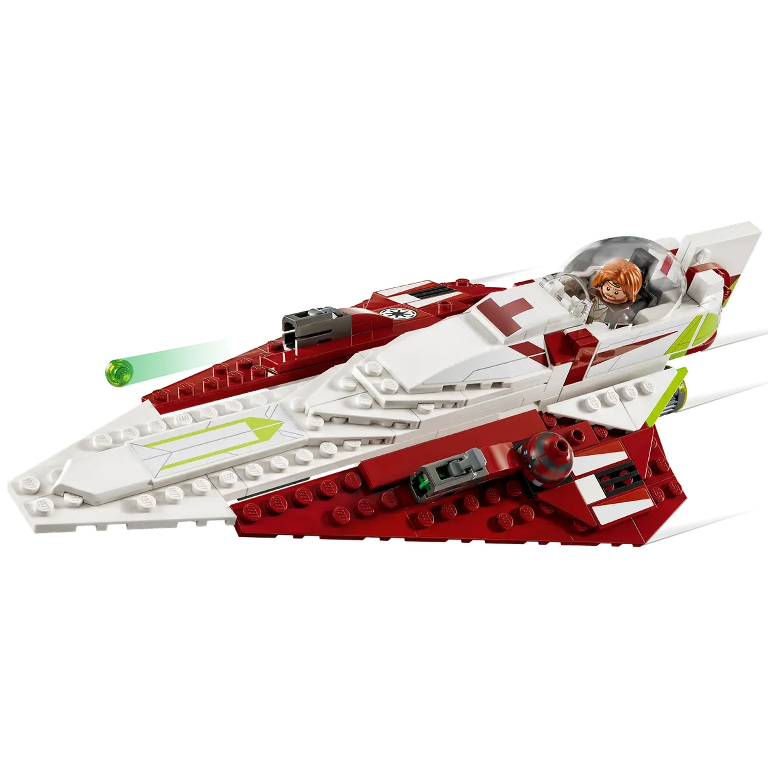Een Lego Star Wars A-wing starfighter. Het is wit en rood, met een piloot erin. Een groene laser schiet van voren.