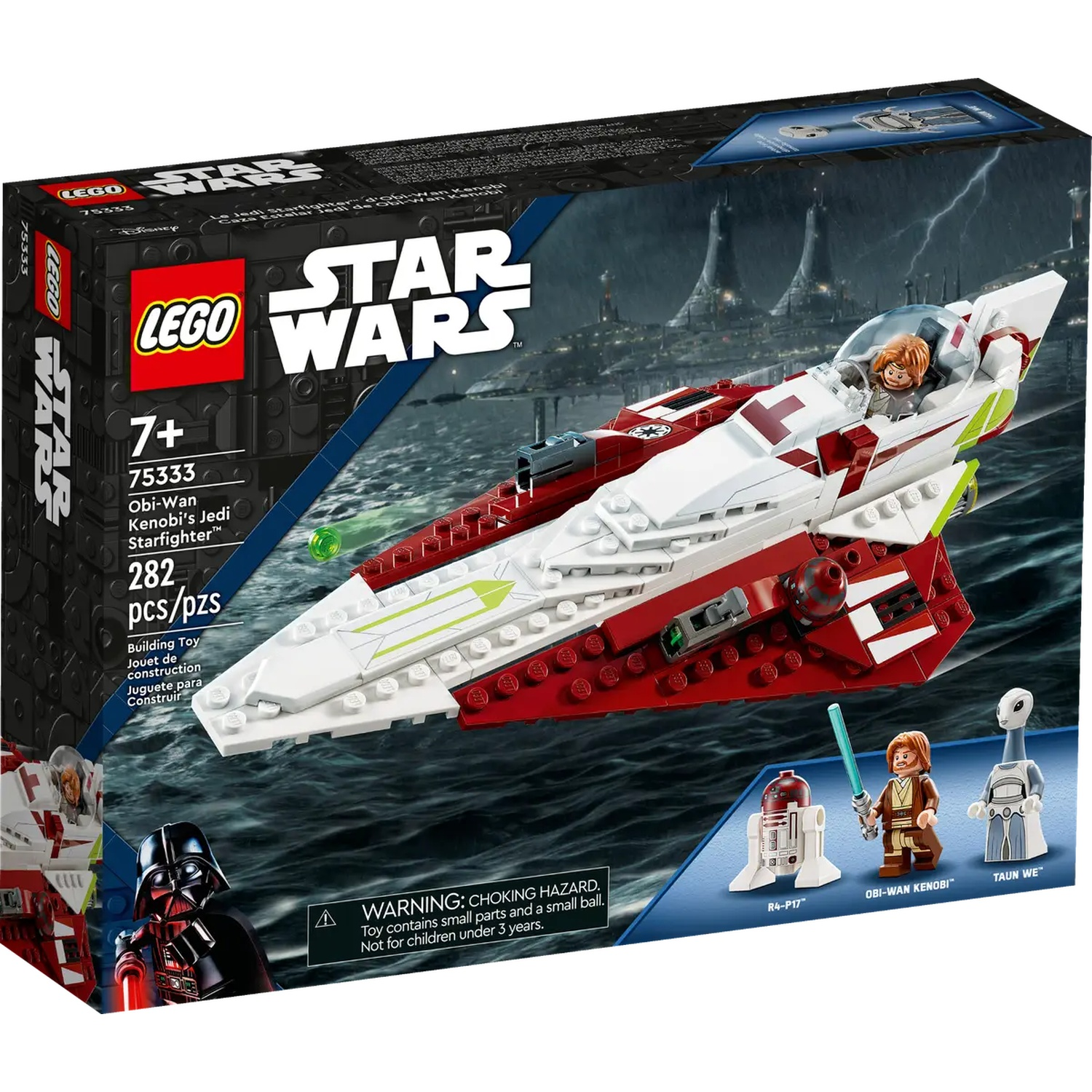 Lego Star Wars setbox. Met Jedi Starfighter, Obi-Wan Kenobi figuur en R4-P17 droid. De doos is rood, wit en zwart.