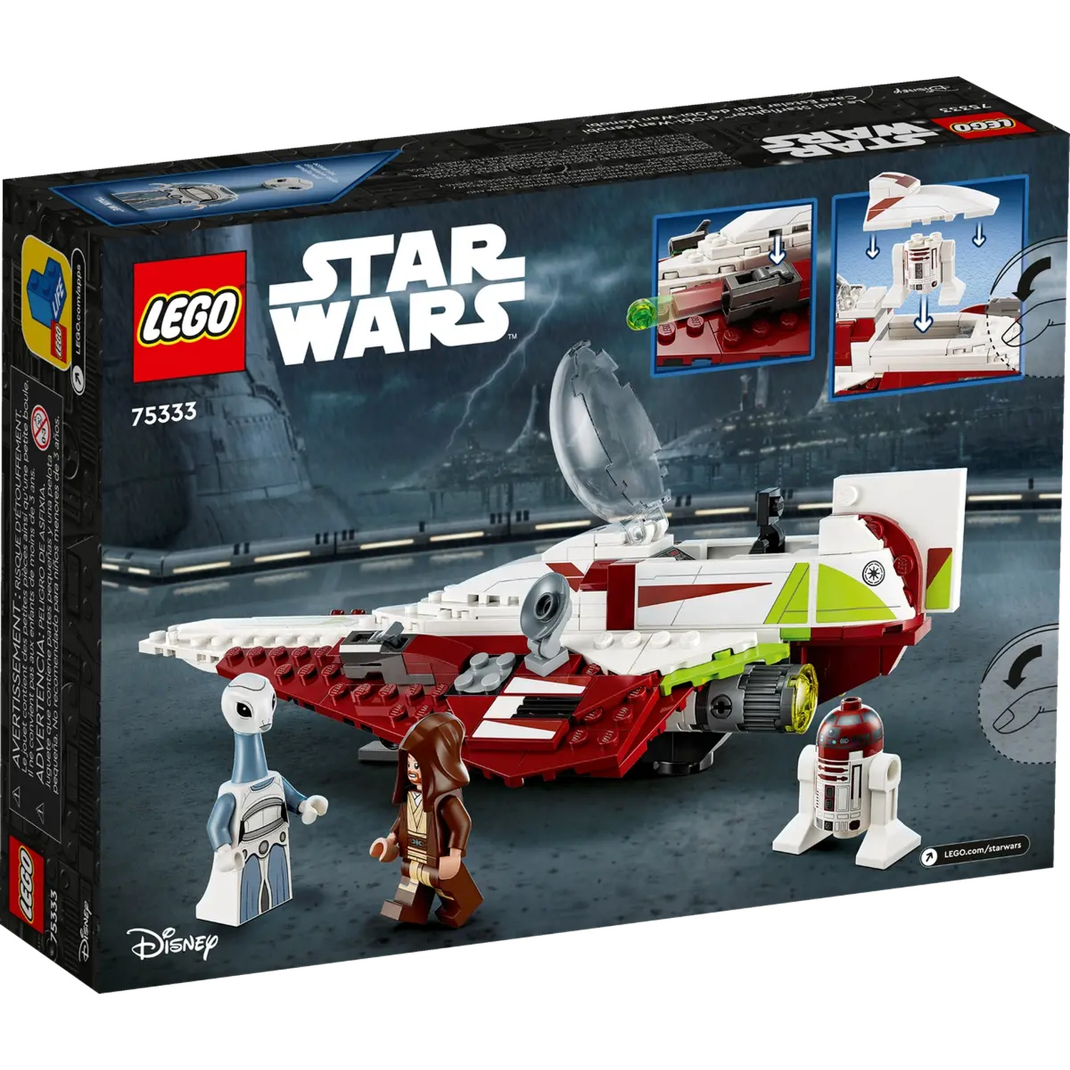 Lego Star Wars set. Een rood-wit ruimteschip met drie Lego-figuren en een droid op een zwarte achtergrond.
