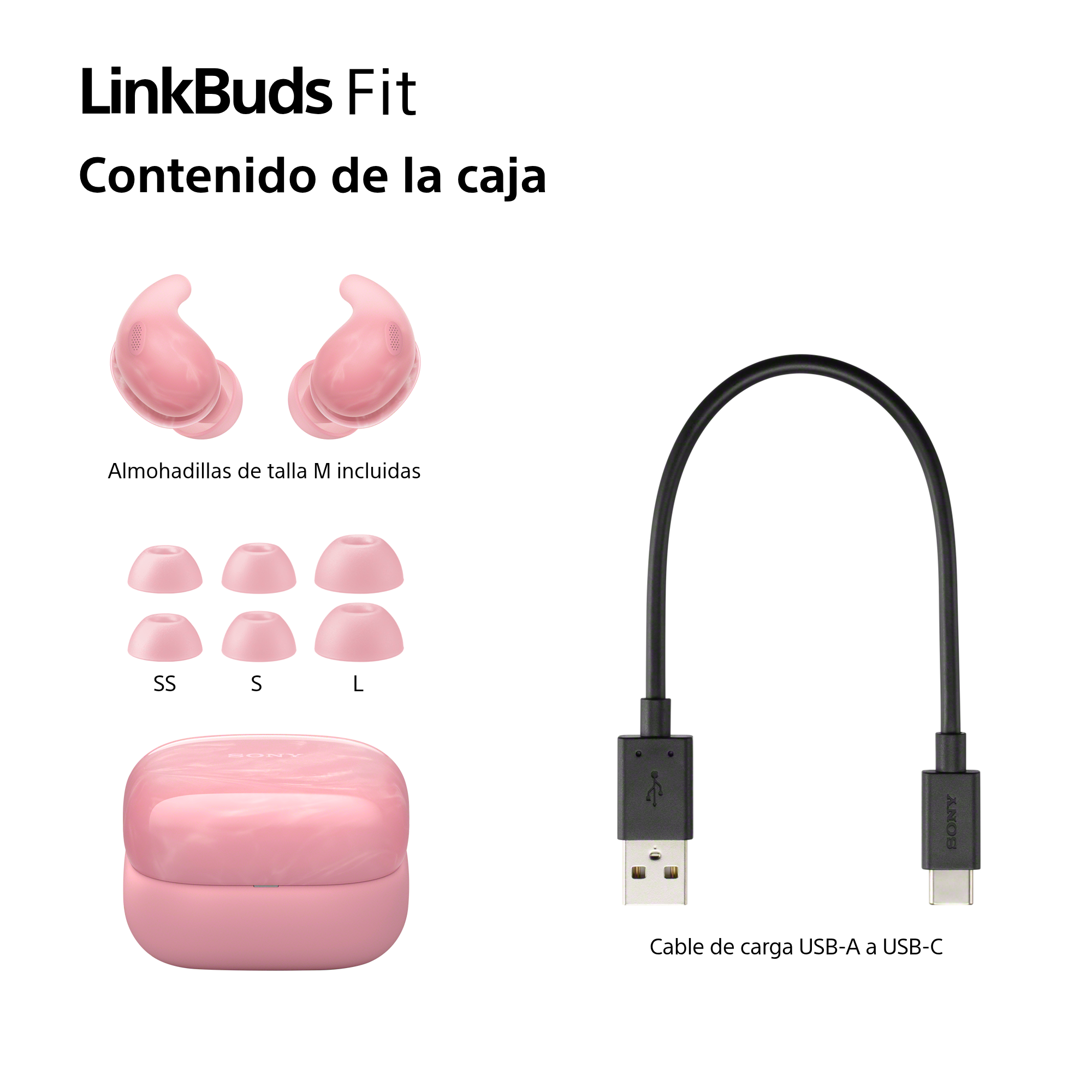 La imagen muestra auriculares LinkBuds Fit rosas, varios tamaños de almohadillas, un estuche de carga y un cable USB-A a USB-C.