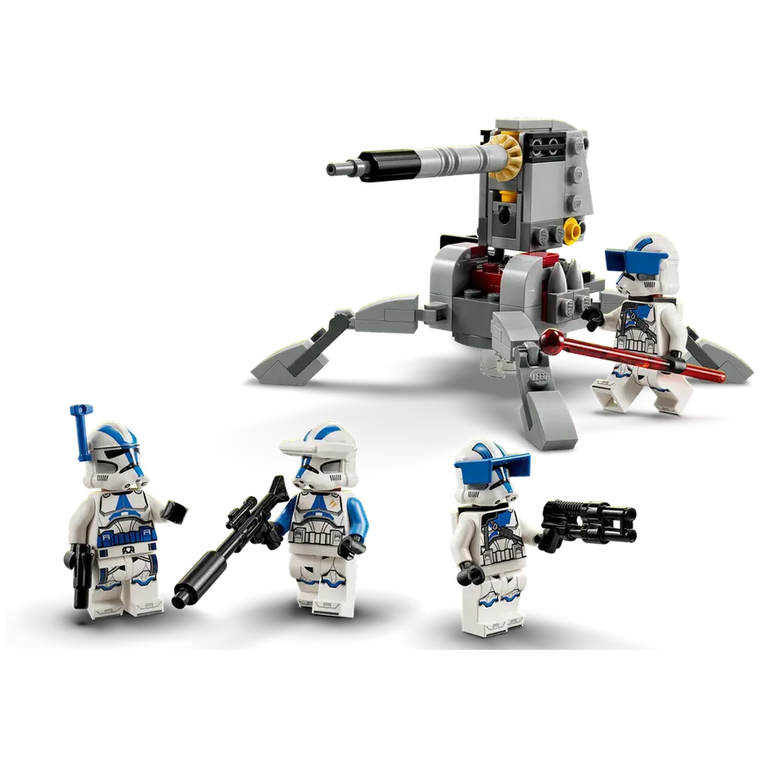 Lego Star Wars set. Four white and blue figures with weapons and a grey cannon. Figures are positioned around the cannon.