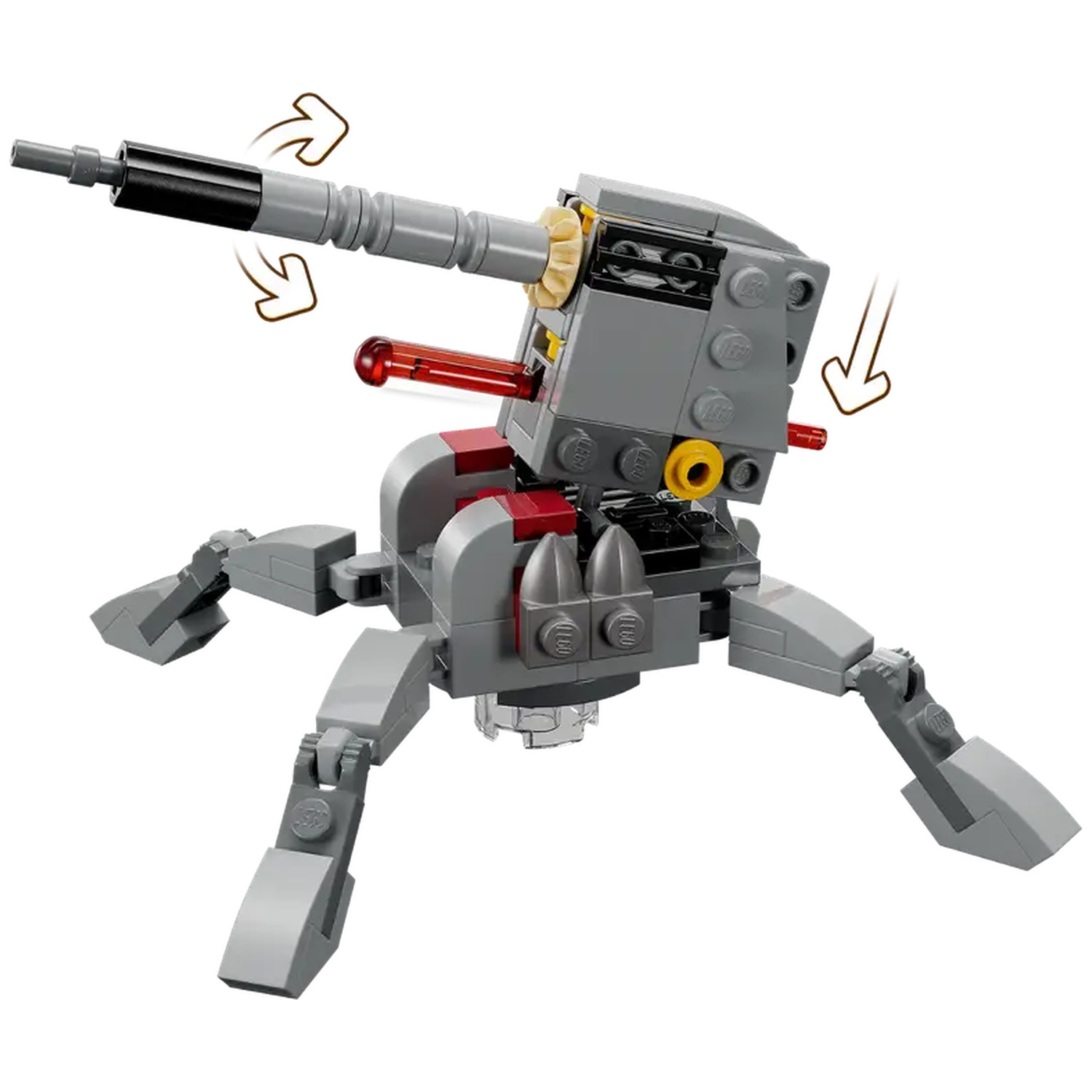 A Lego model of a gray, three-legged machine with a rotating cannon and a red laser pointer, against a white background.
