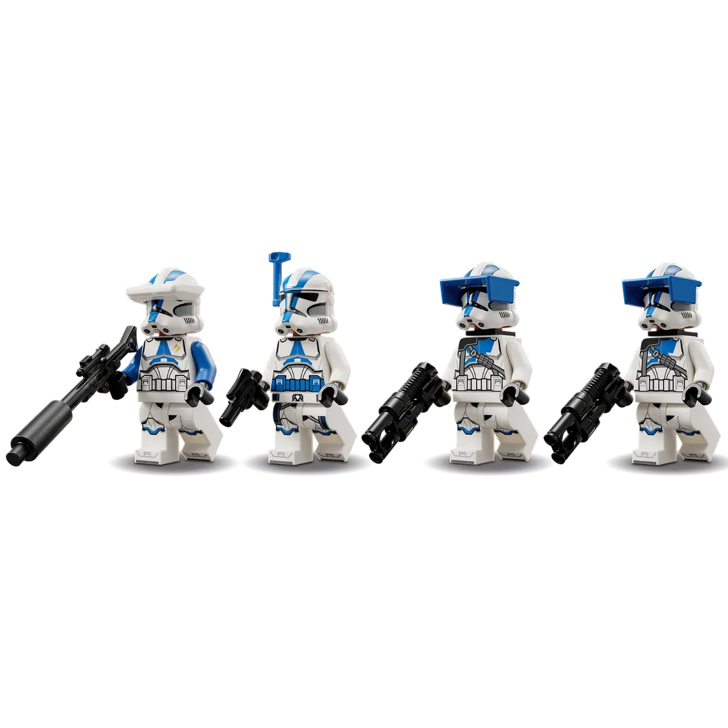 Four Lego Star Wars clone troopers with white and blue armor, black weapons, standing against a white backdrop.