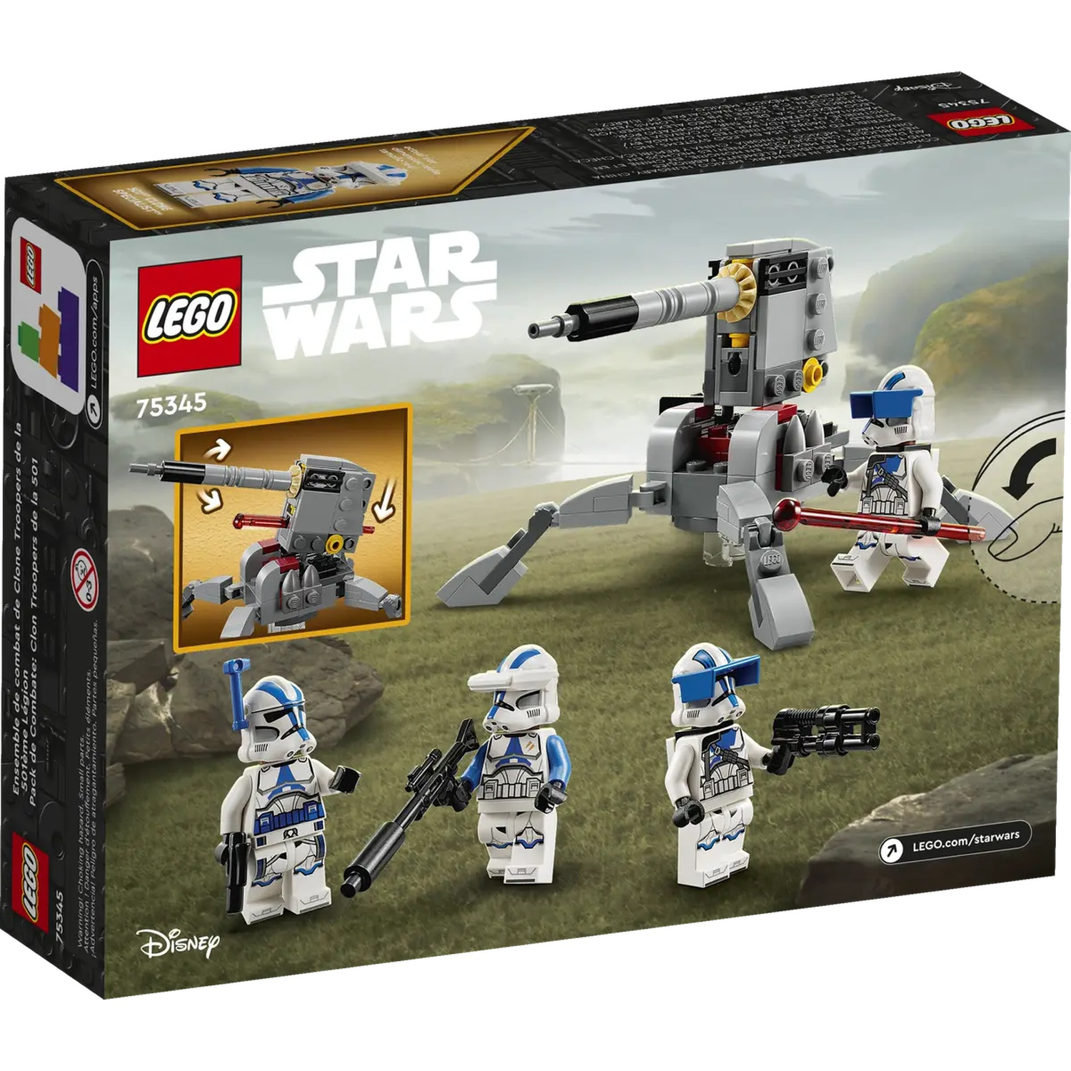 Lego Star Wars set box featuring clone troopers, a vehicle, and the Lego and Star Wars logos. The set number is 75345.