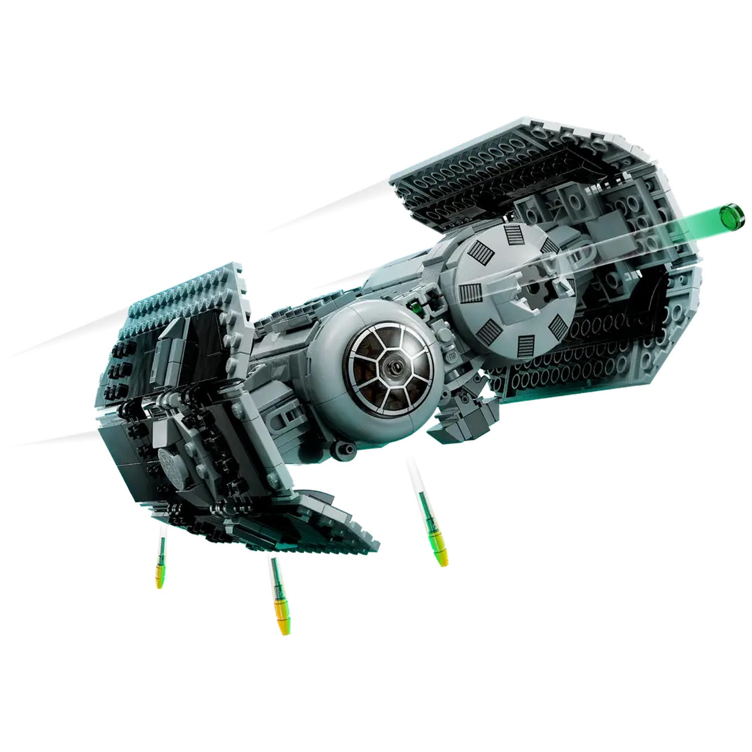 A Lego Star Wars TIE fighter, gray and black, firing green lasers and missiles. It is against a white background.