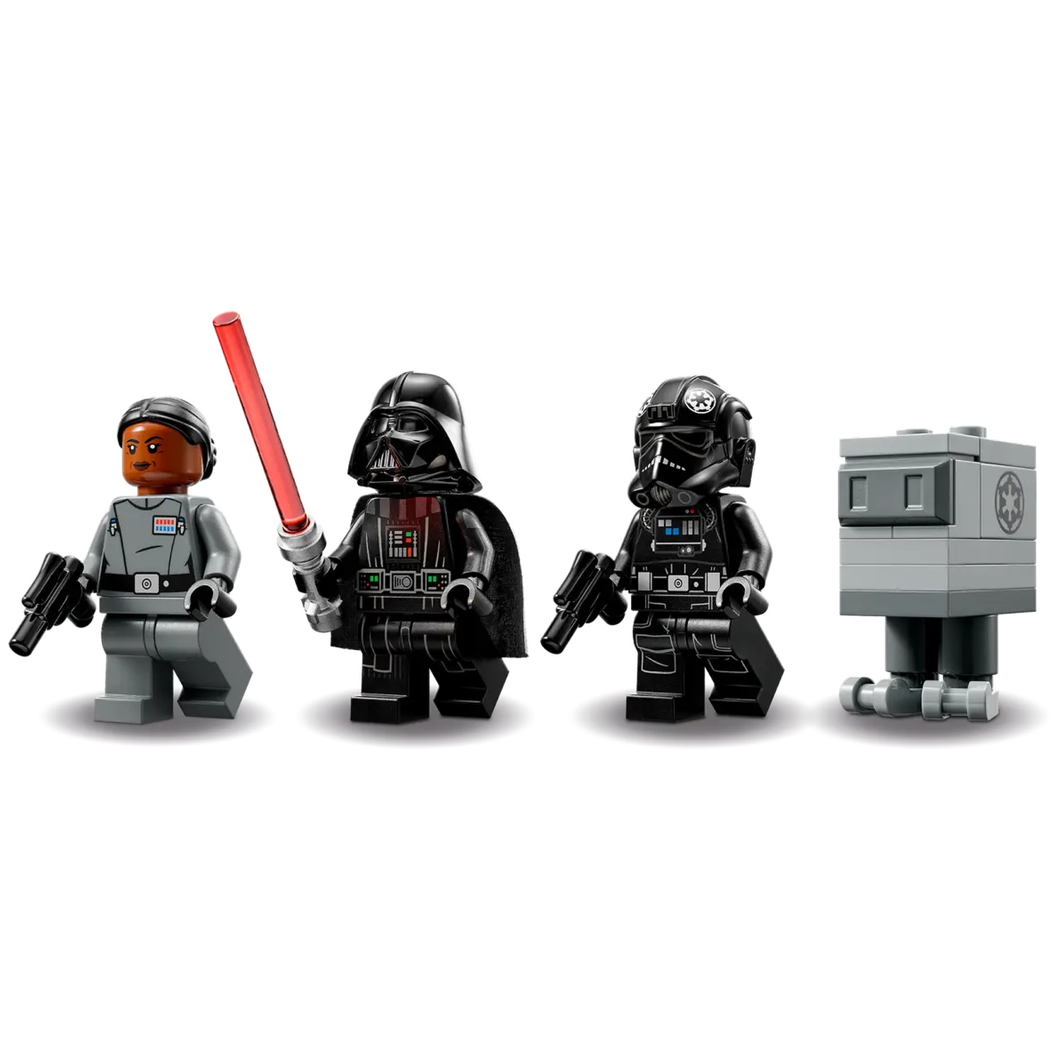 Lego Star Wars figures: a commander, Darth Vader, a TIE fighter pilot, and a grey droid, all on a white background.