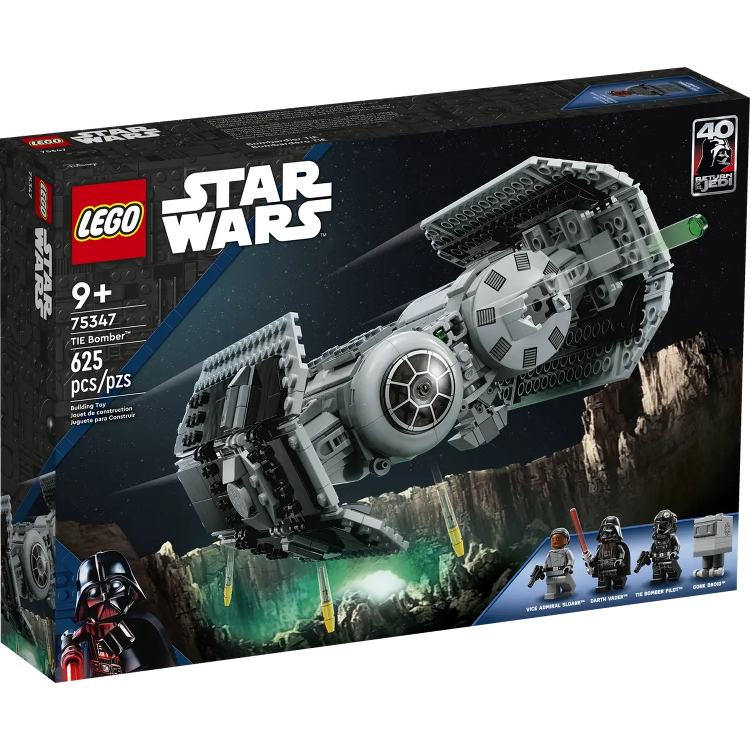 A Lego Star Wars TIE Bomber box set. It includes a grey spaceship, mini figures, and the Star Wars logo.