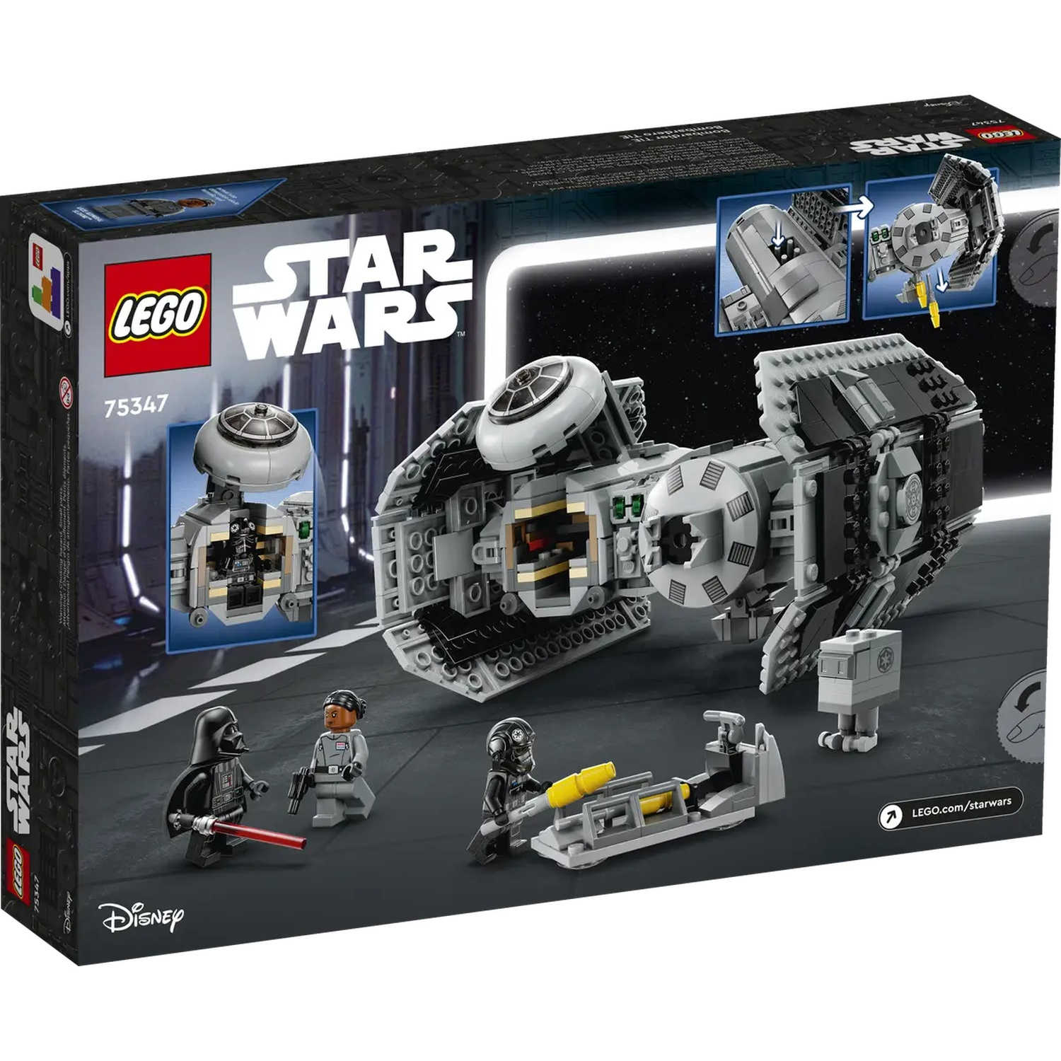Lego Star Wars set box. Features a grey and black spaceship, Darth Vader, and other minifigures. The Lego logo is visible.