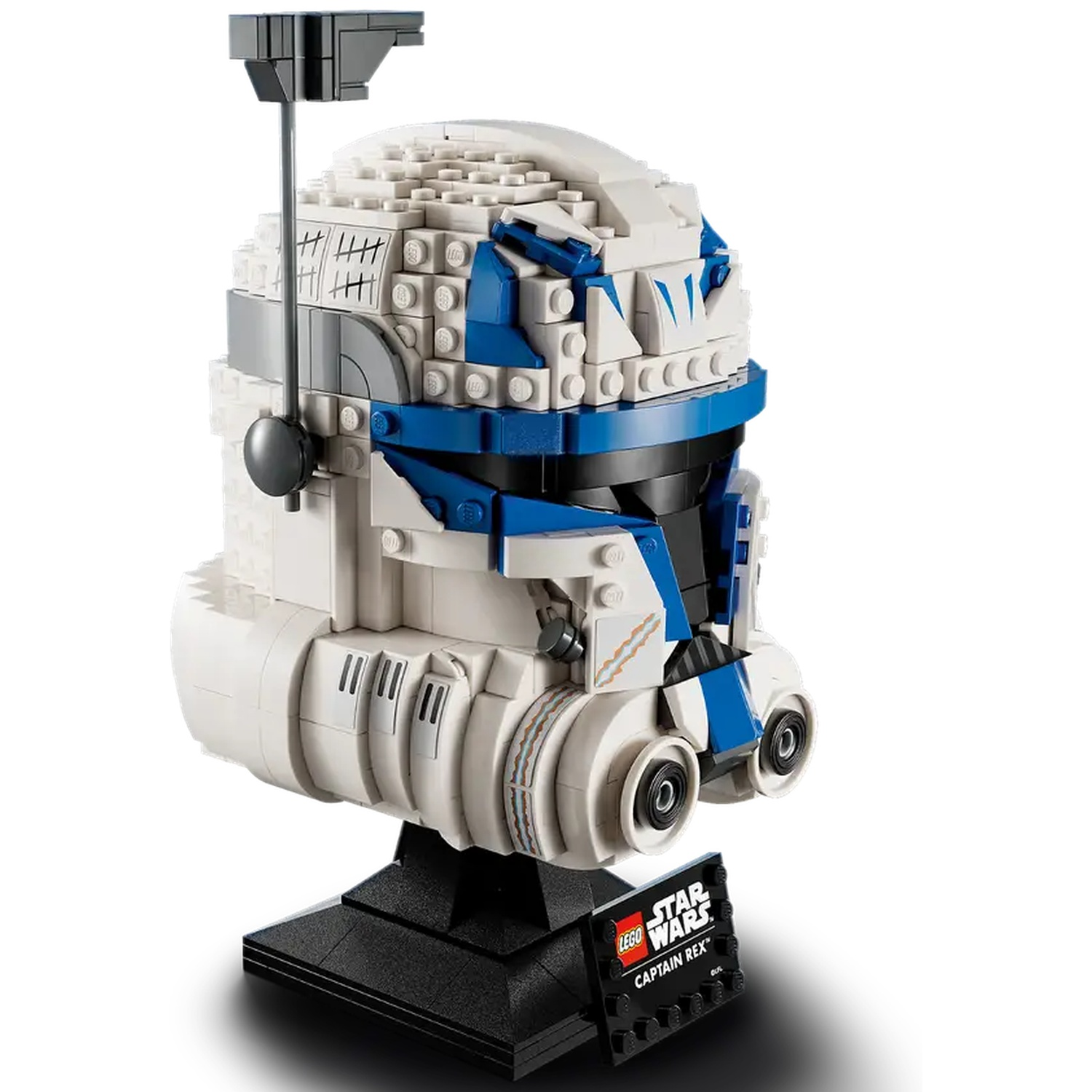 A Lego Star Wars Captain Rex helmet. It's white and blue, with black details. It sits on a black stand. The background is white.