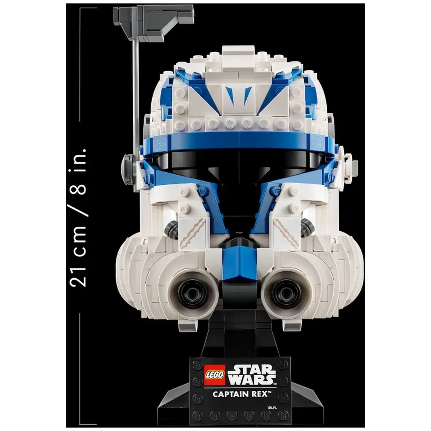 A Lego Captain Rex helmet. It is white and blue, on a black stand. The Star Wars logo is visible on the stand.