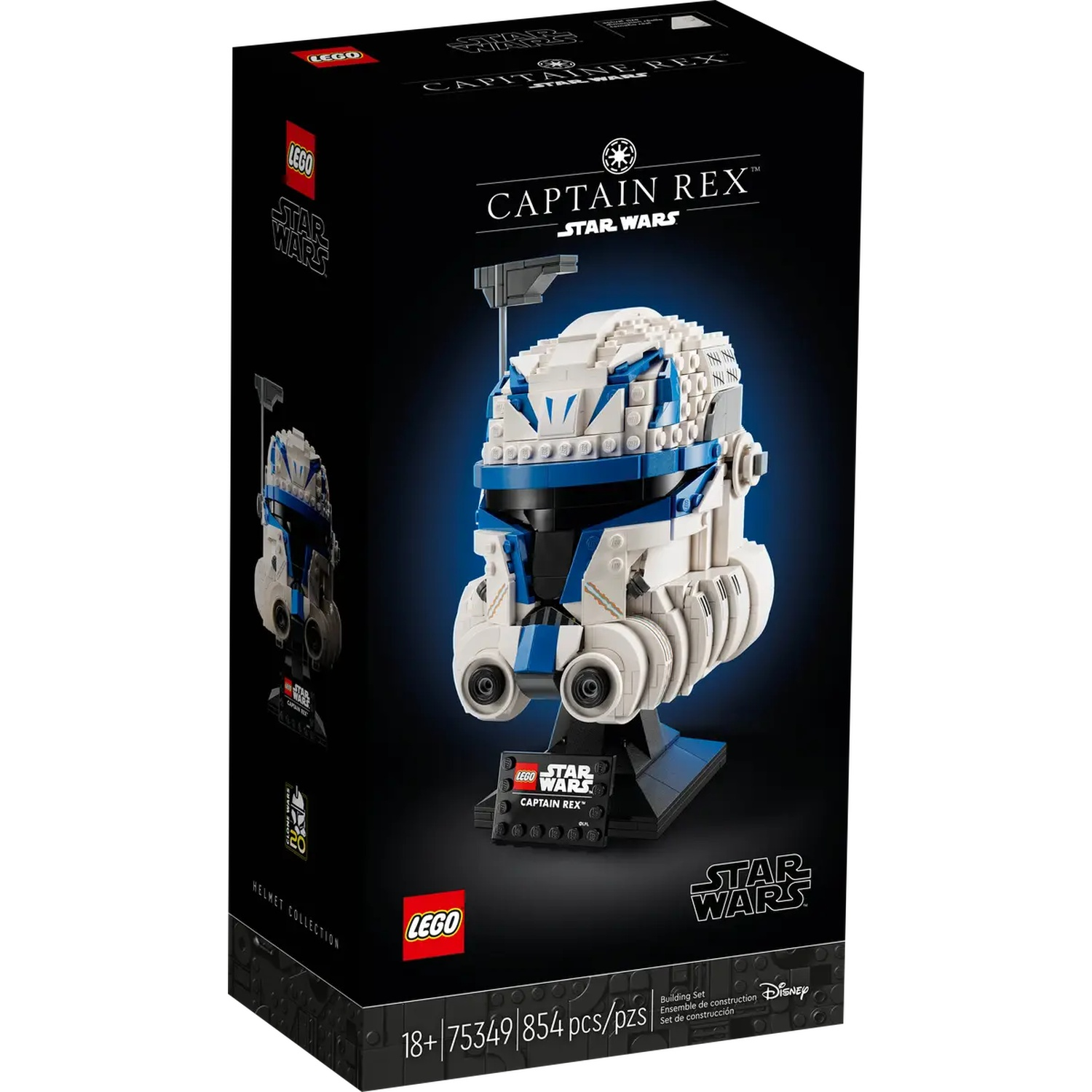 A Lego Star Wars Captain Rex helmet set box. It features a detailed blue and white helmet on a black stand against a black background.
