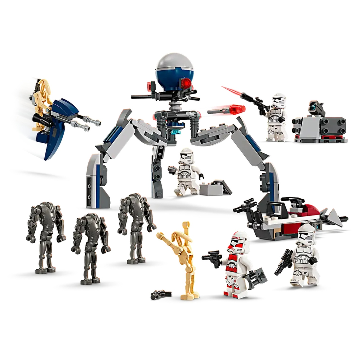 Lego Star Wars-set met verschillende minifiguren, waaronder kloontroepen, gevechtsdroids en een grote spinnendroid, met een witte achtergrond.