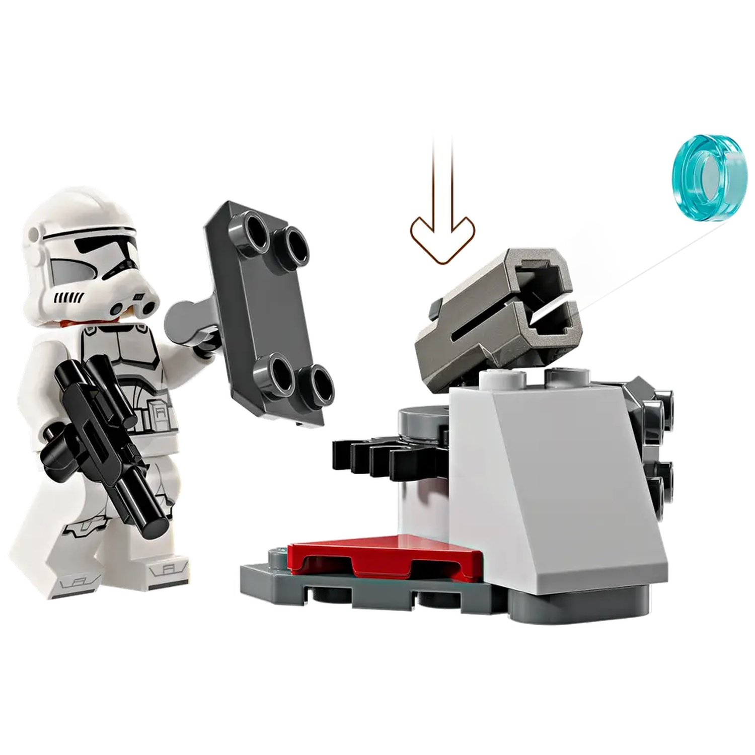 Een Lego Stormtrooper-figuur met een zwart geweer en een grijze constructie. Een blauwe, transparante cirkel zweeft.