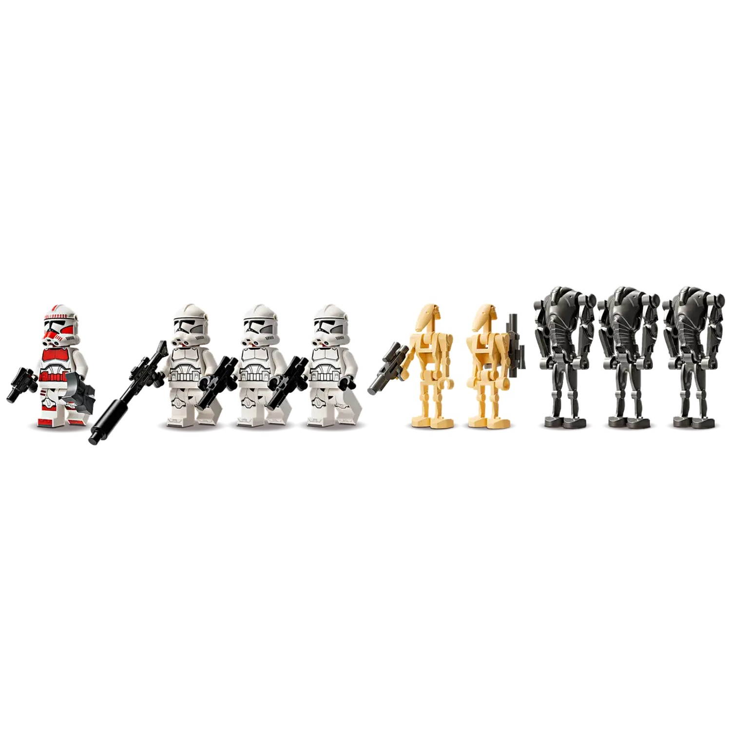 Lego Star Wars-figuren: Clone Troopers en Battle Droids. Clone Troopers hebben witte bepantsering, Battle Droids zijn bruin en zwart.