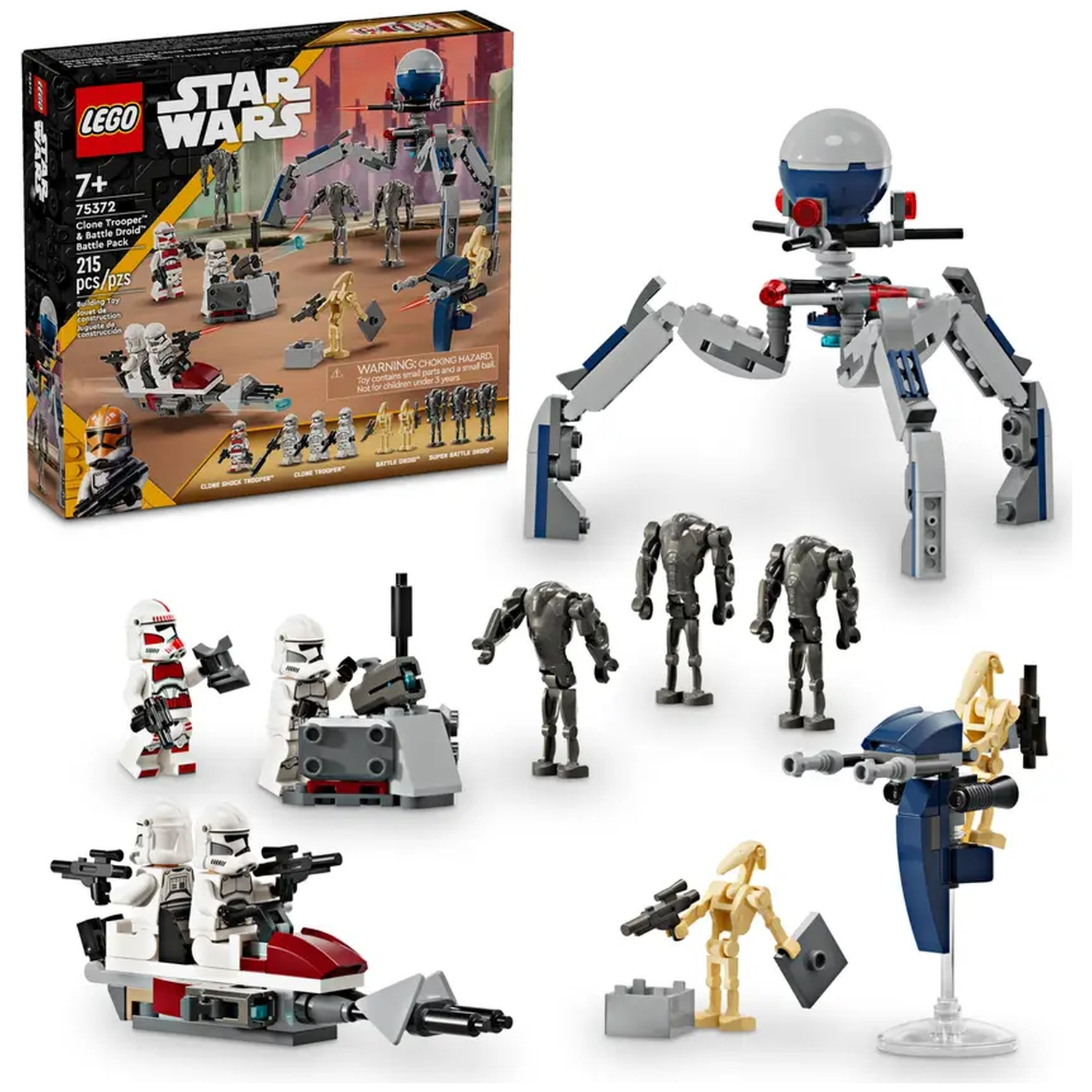 Lego Star Wars set. Bevat een doos, clone troopers, battle droids en een spider droid. Verschillende Lego modellen worden getoond.