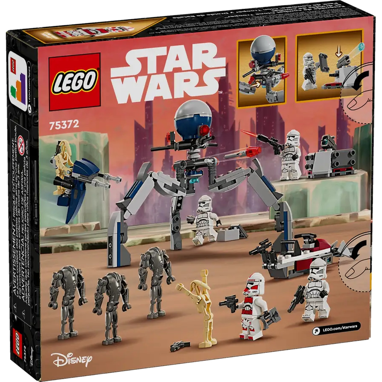 Lego Star Wars boxset. Bevat Lego-figuren, voertuigen en structuren tegen een stadsachtergrond. Inclusief logo's en tekst.