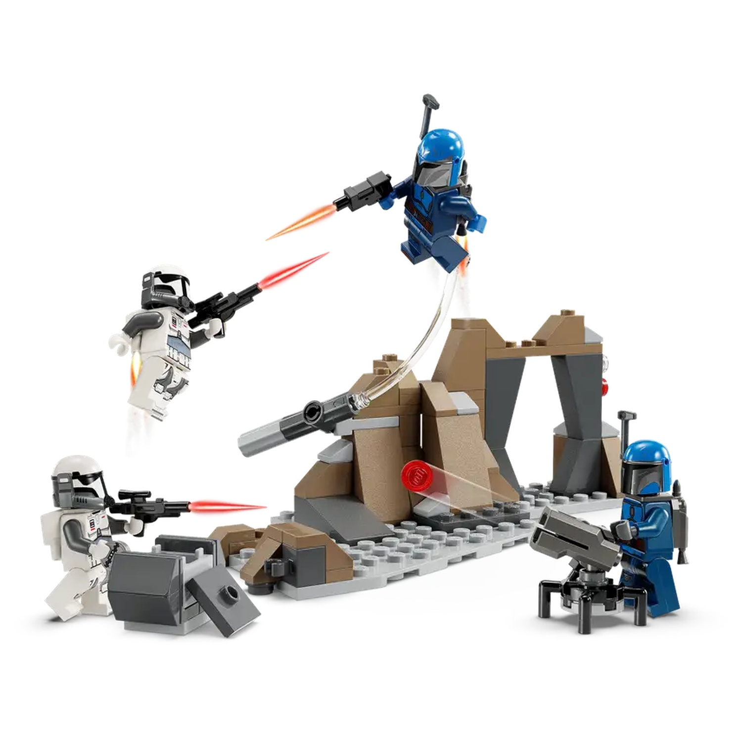 Lego Star Wars scene with troopers and Mandalorians fighting around a rock structure. Blaster fire and action are depicted.