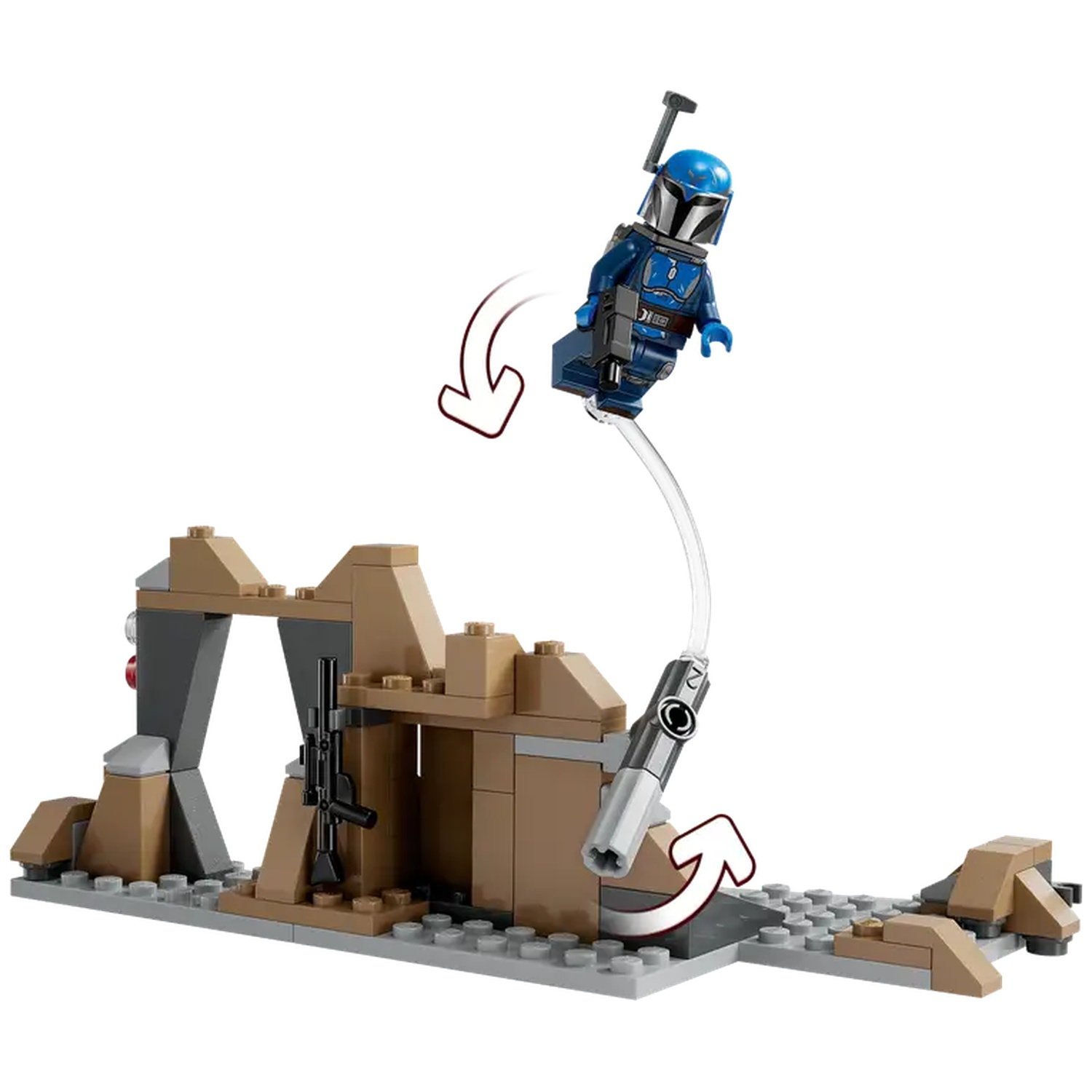 A Lego set shows a blue Mandalorian figure flying. It is above a brown structure with a gun. A light saber is also present.