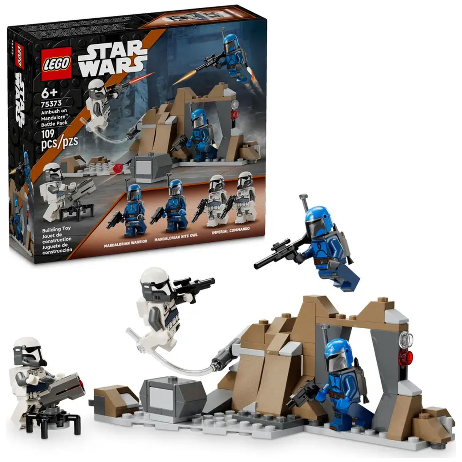Lego Star Wars set. Box shows Lego figures. Set includes Mandalorian warriors, Imperial Commandos and a battle scene. 