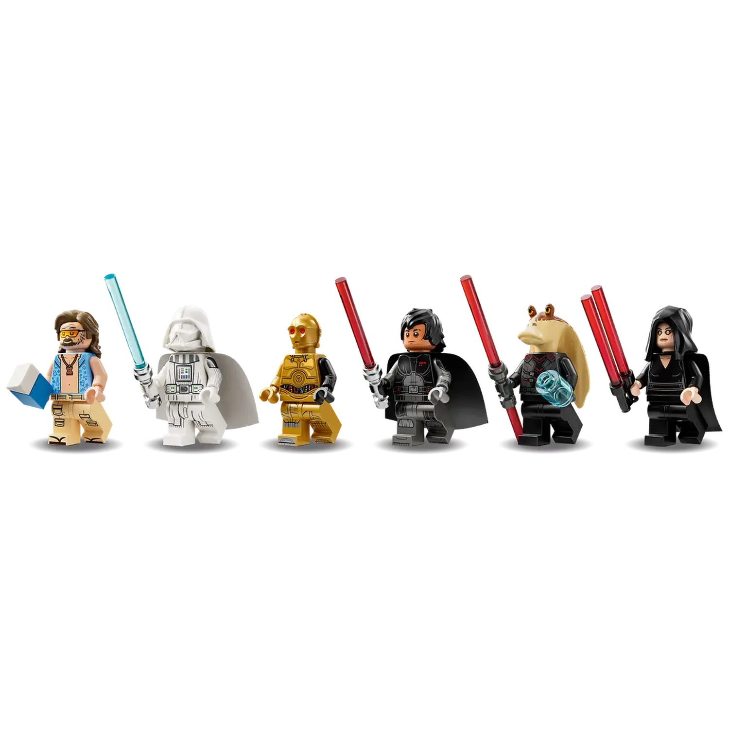 Lego Star Wars figures: Han Solo, white Darth Vader, C-3PO, Darth Maul, Jar Jar Binks, and Darth Sidious with lightsabers.